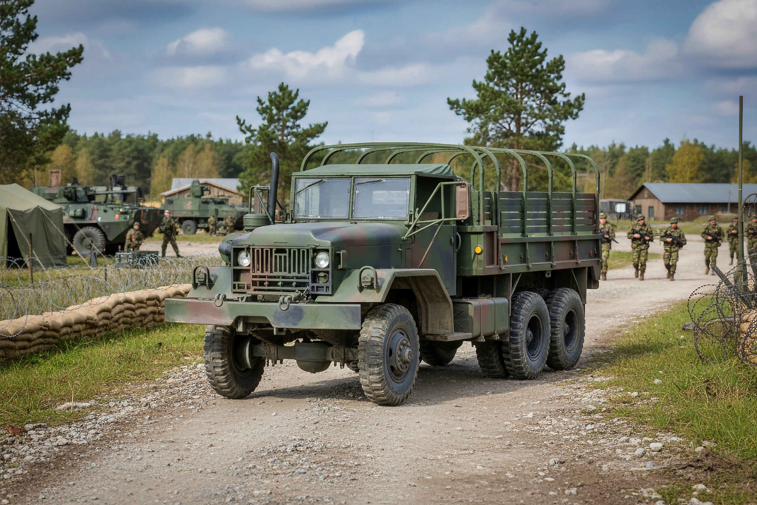 Military convoy with a camouflaged trucks on a dirt road, surrounded by soldiers and military vehicles in a rural setting under a partly cloudy sky.