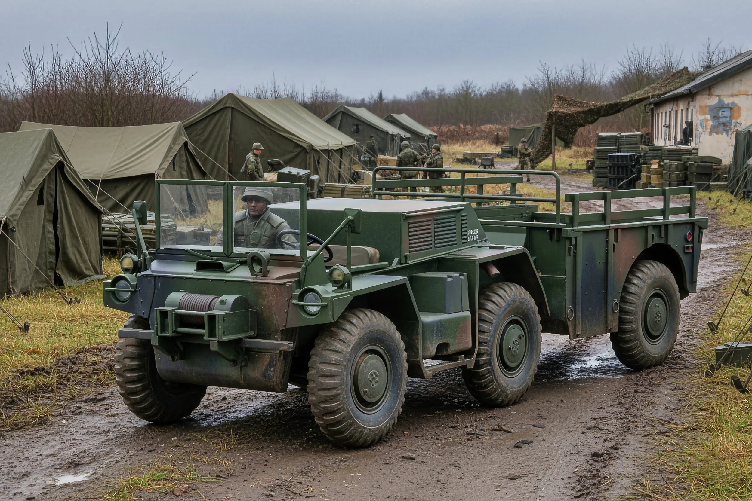 Army truck driving through muddy field with military tents and soldiers in camouflage in the background.