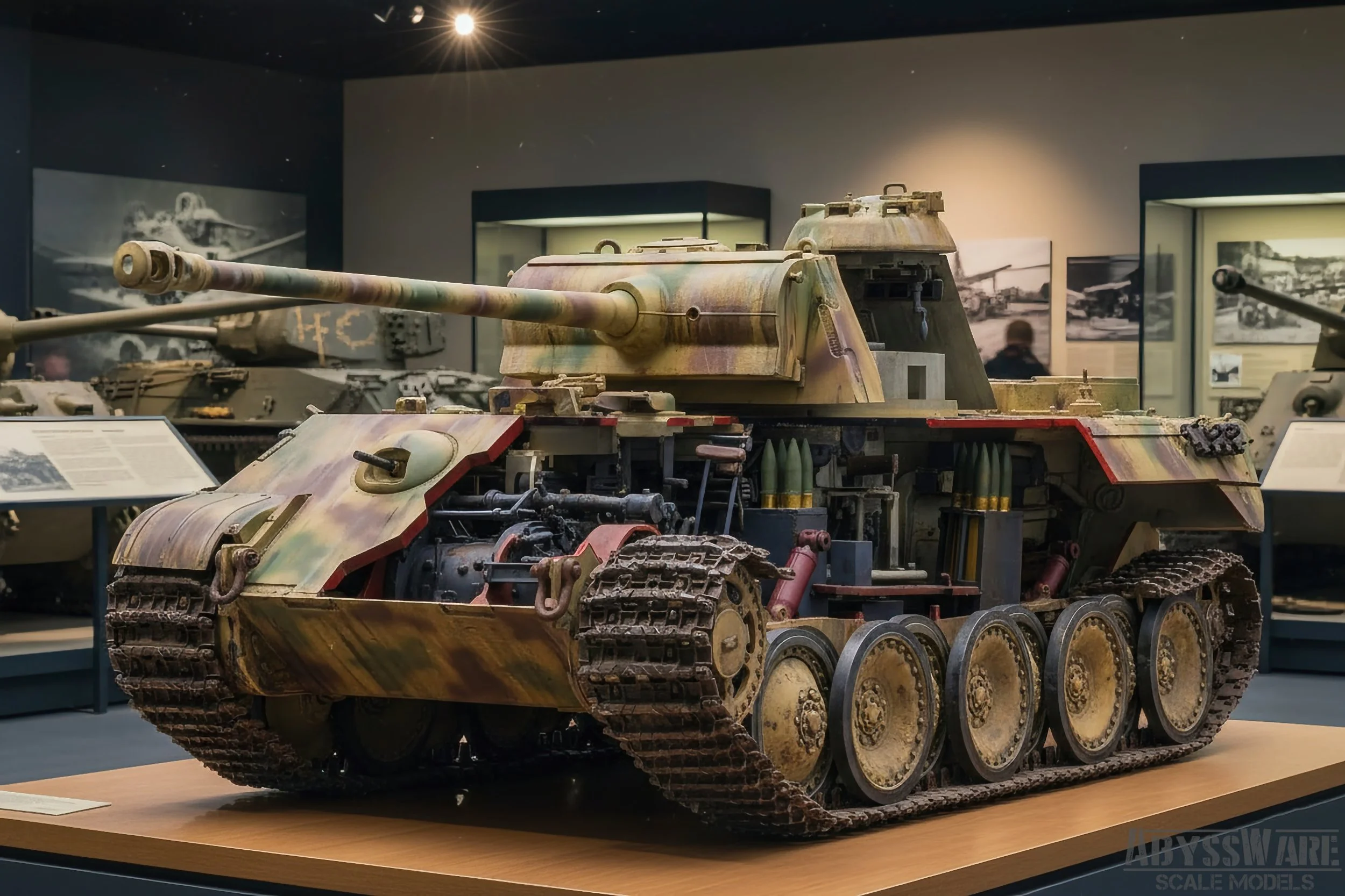 Model of a military tank with a camouflage paint job on display in a museum, with informational placards and historical photographs in the background.