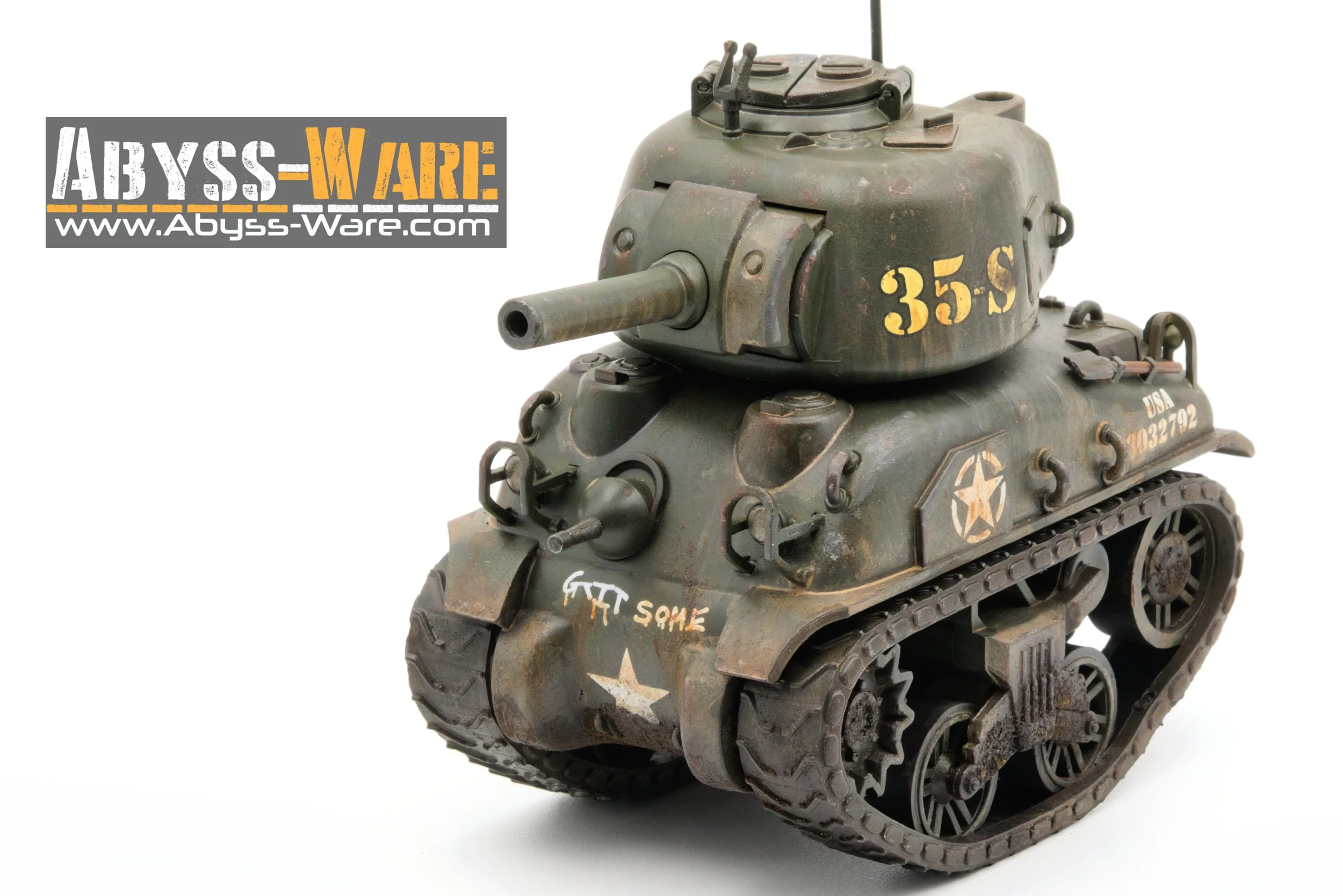 Model of a military tank with a matte green finish, rust details, and military markings, placed against a white background.