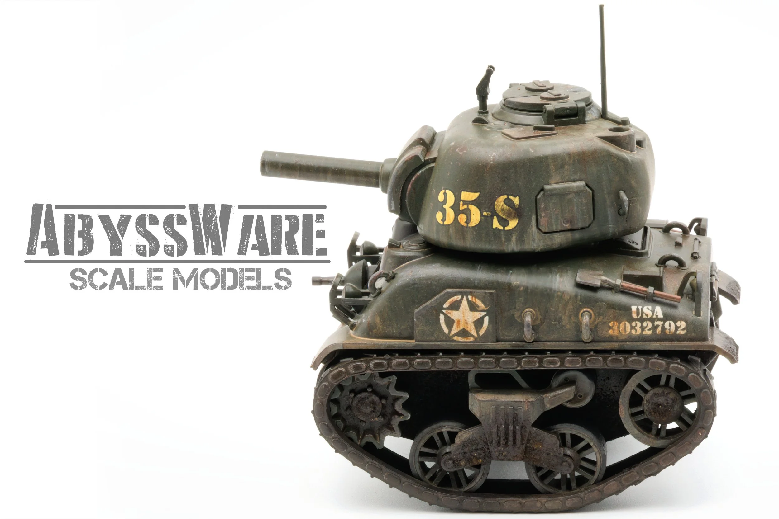 Model of a SHERMAN toon tank with a worn, dark green exterior, the number 35-S, a star emblem, and a serial number, against a white background, with the text 'AbyssWare Scale Models' to the left.