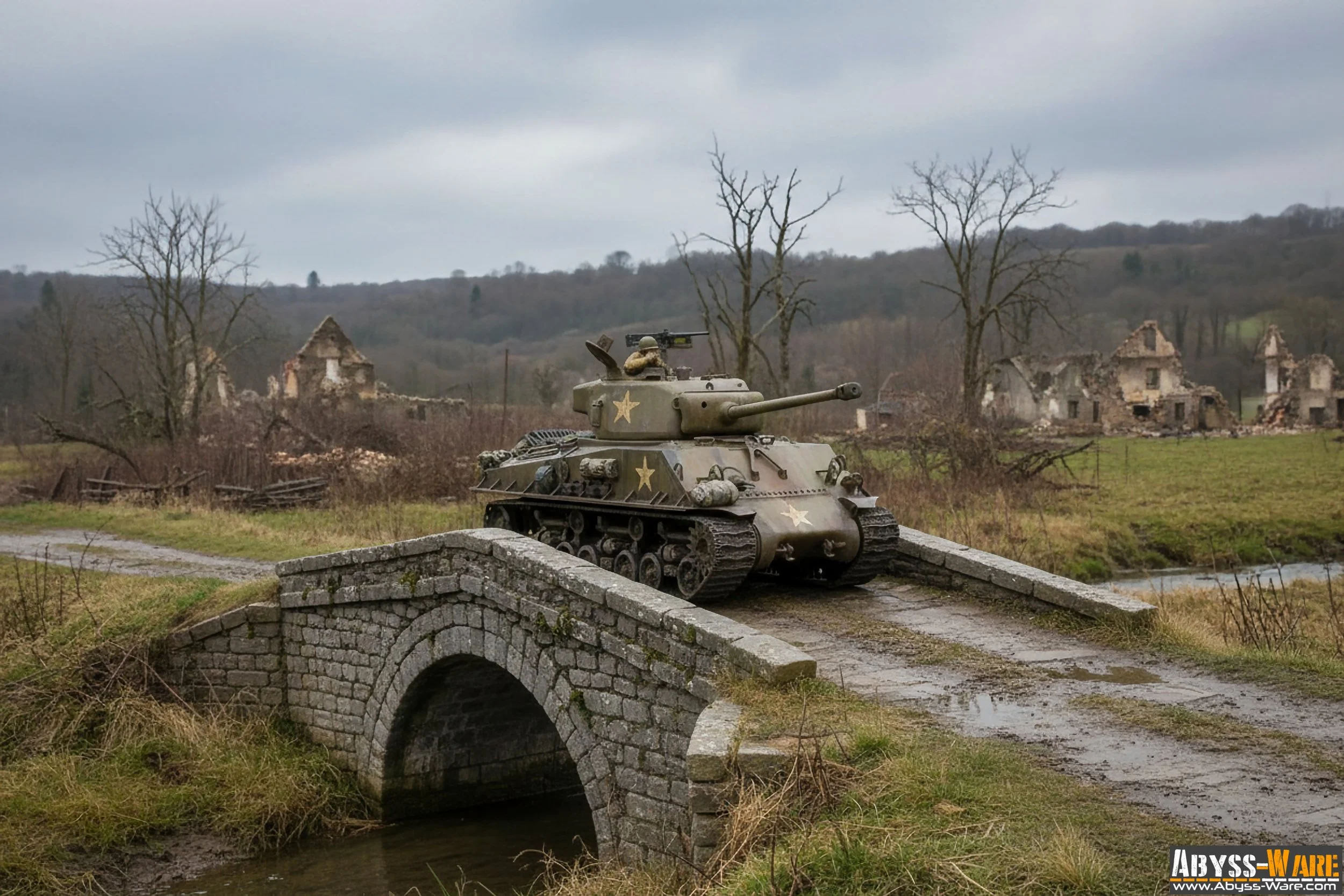 A small military tank with star markings crossing a stone bridge over a stream in a rural landscape with leafless trees and abandoned houses in the background.