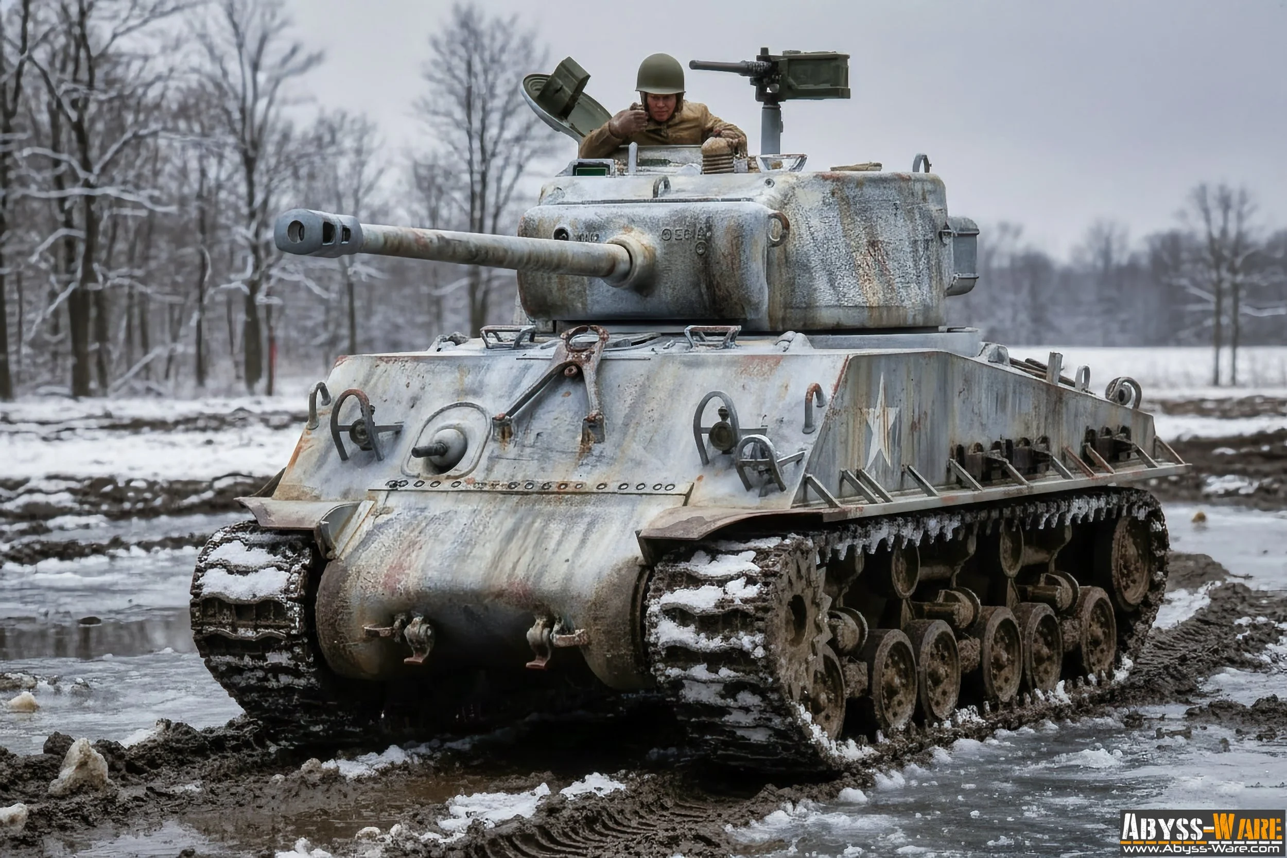 A military tank with a soldier in helmet, moving through a snowy and muddy landscape, with trees in the background.