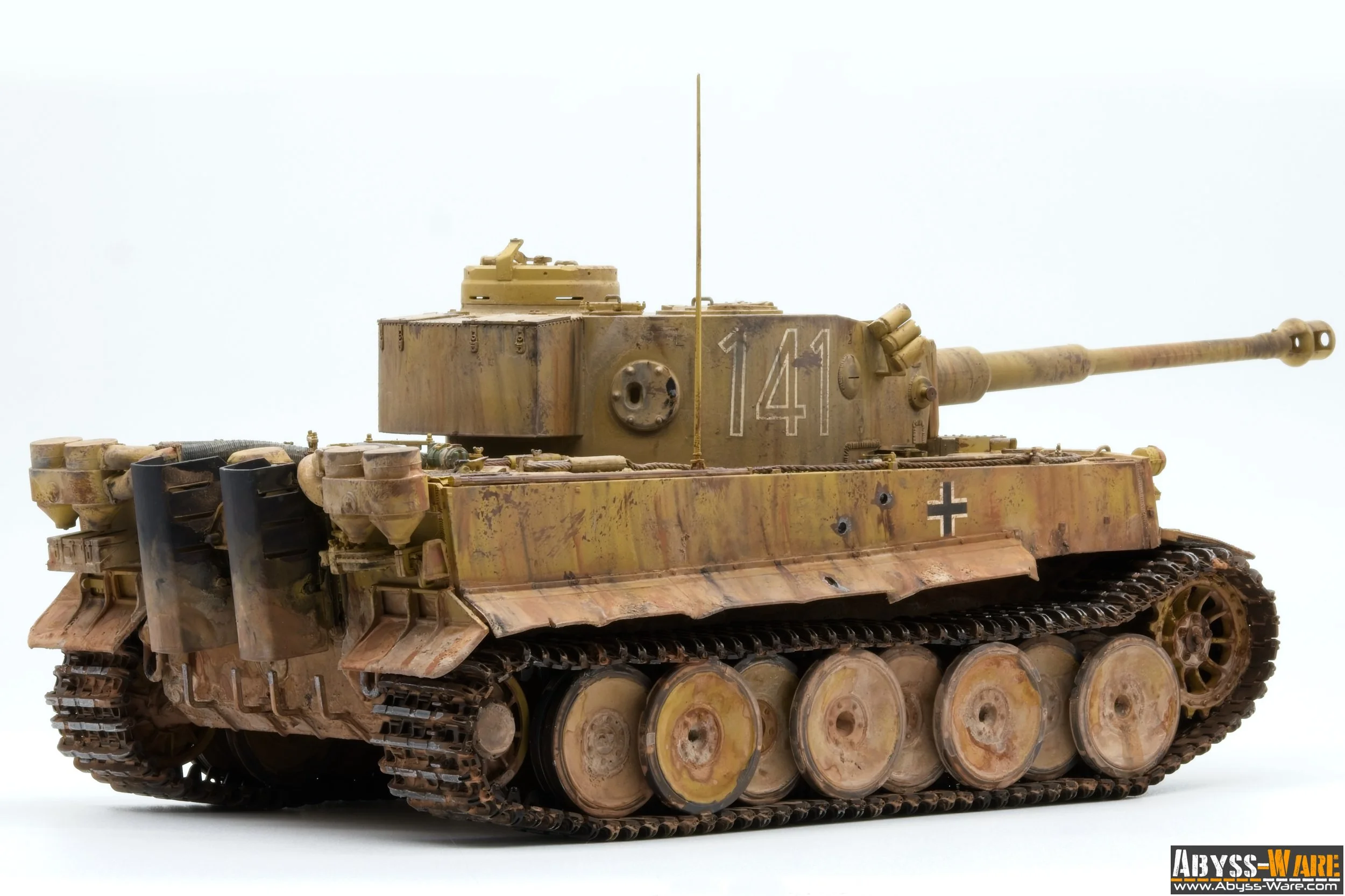 Model of a German WWII tank with a camouflage paint job, the number 14 marked on the turret, and a black cross insignia on the side.