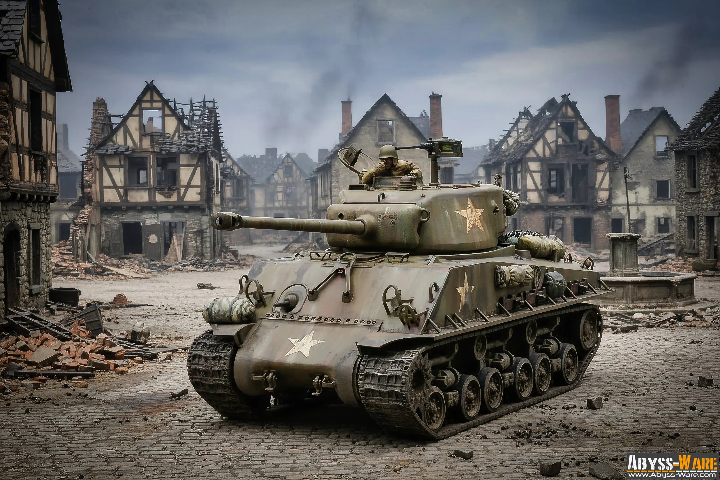 A military tank advancing through a war-torn urban area with destroyed buildings and debris scattered around.
