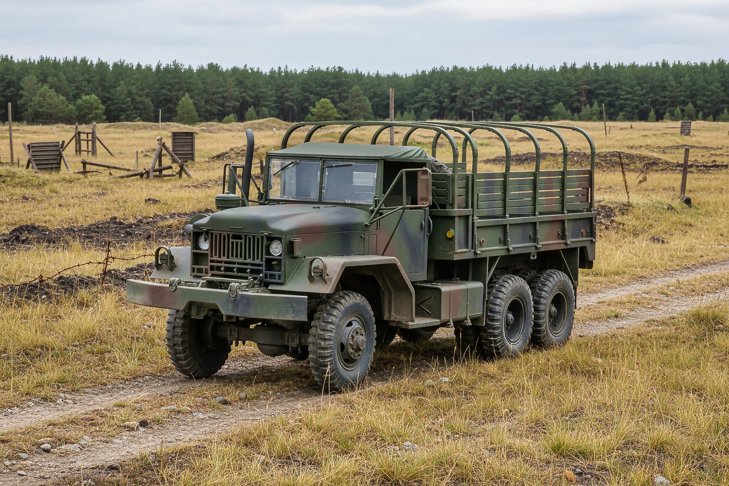 A military green camouflage truck driving on a dirt path through a grassy field with a forest in the background.