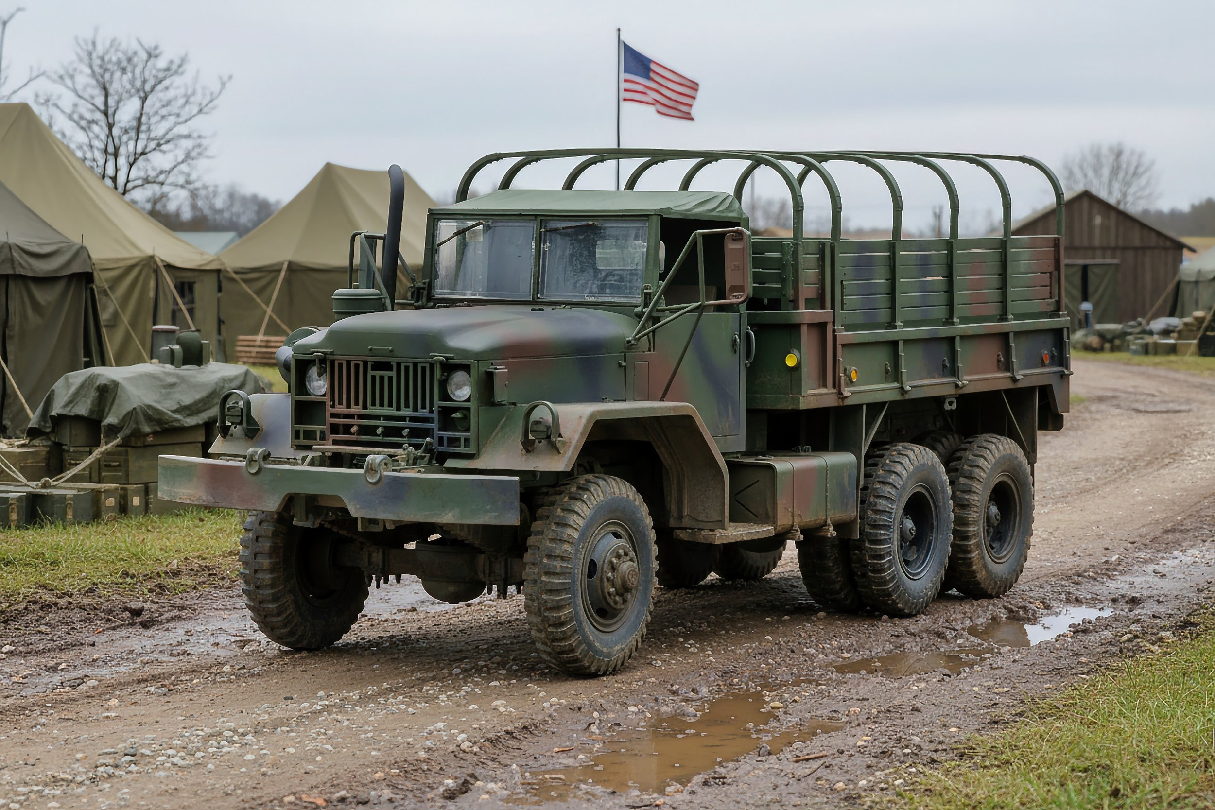 A military green truck with an open cargo bed, parked on a muddy dirt road near tents and trees, with an American flag flying in the background.