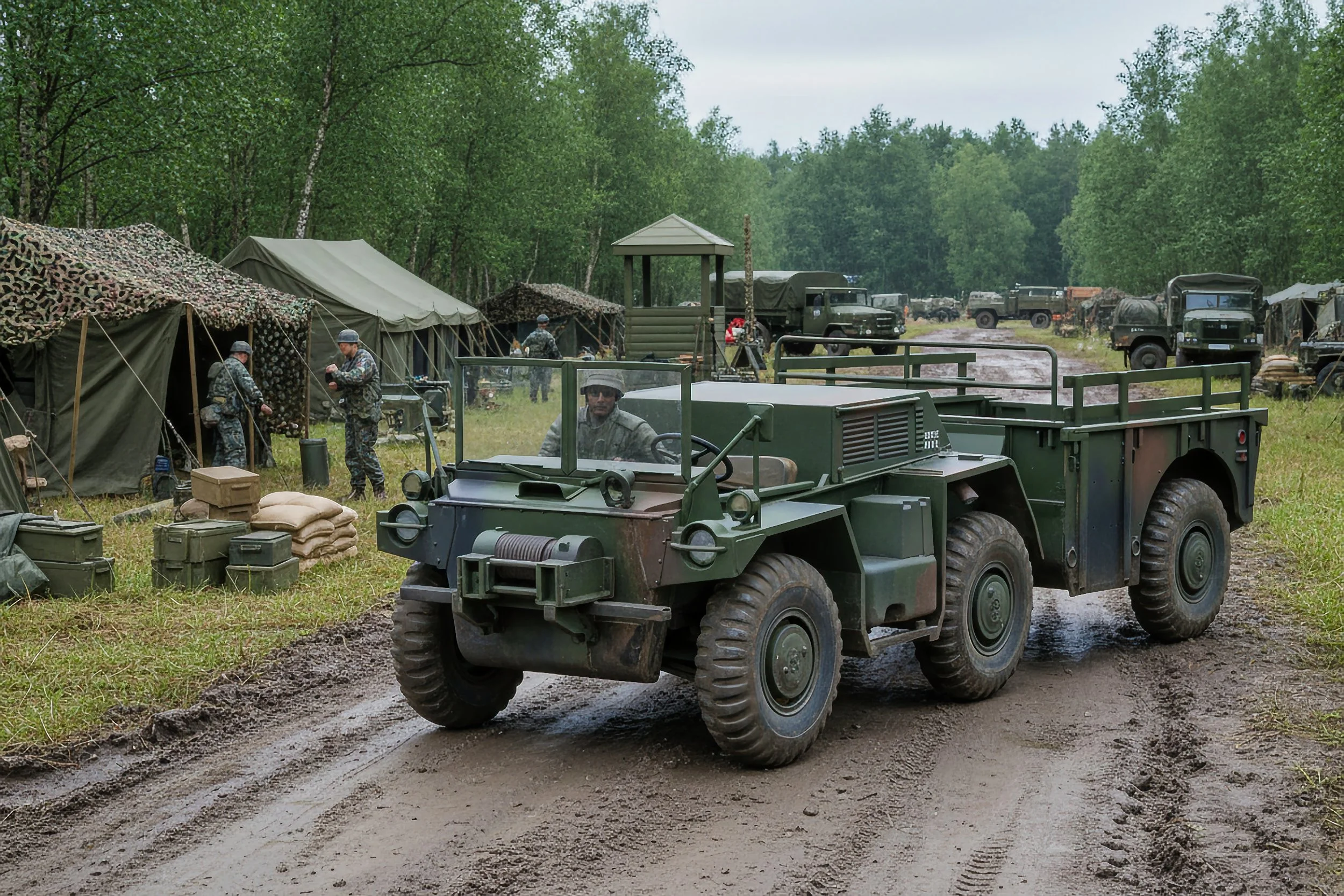 Military personnel setting up tents in a green forested area, with a green military vehicle driving on a muddy dirt road in the foreground.