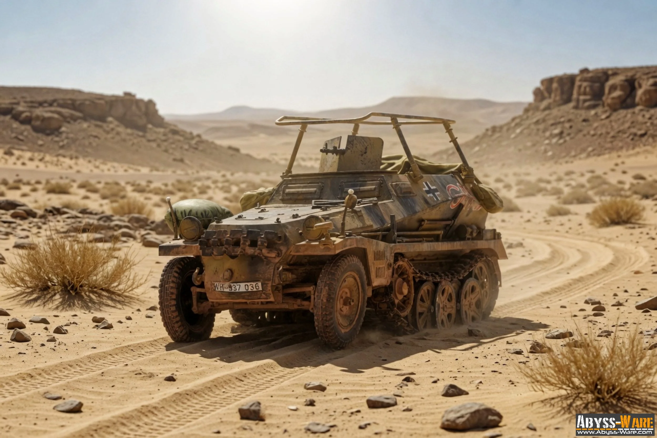 A military tank in a desert landscape with rocky hills in the background under a clear sky.