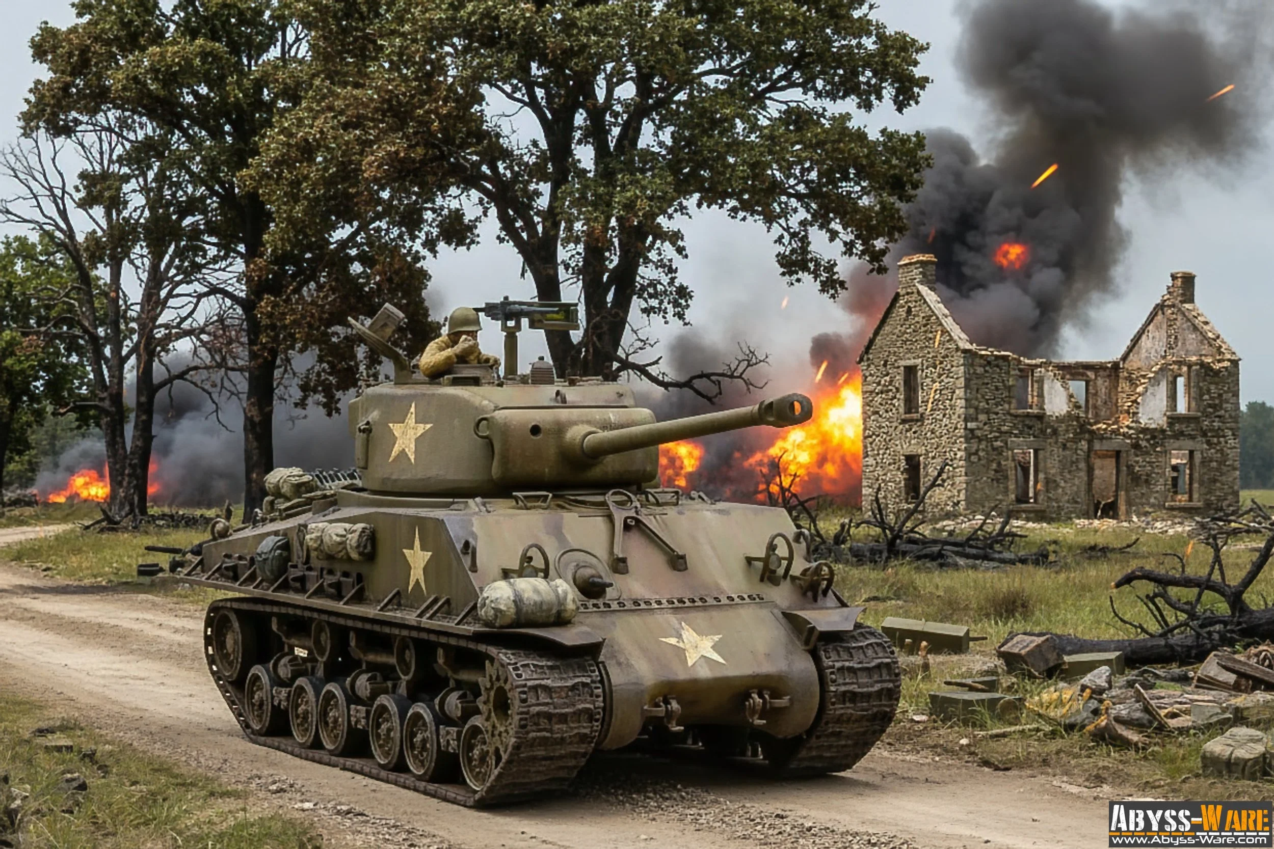 A military tank with soldiers firing, in front of a burning building and plumes of dark smoke, with debris scattered on the ground.