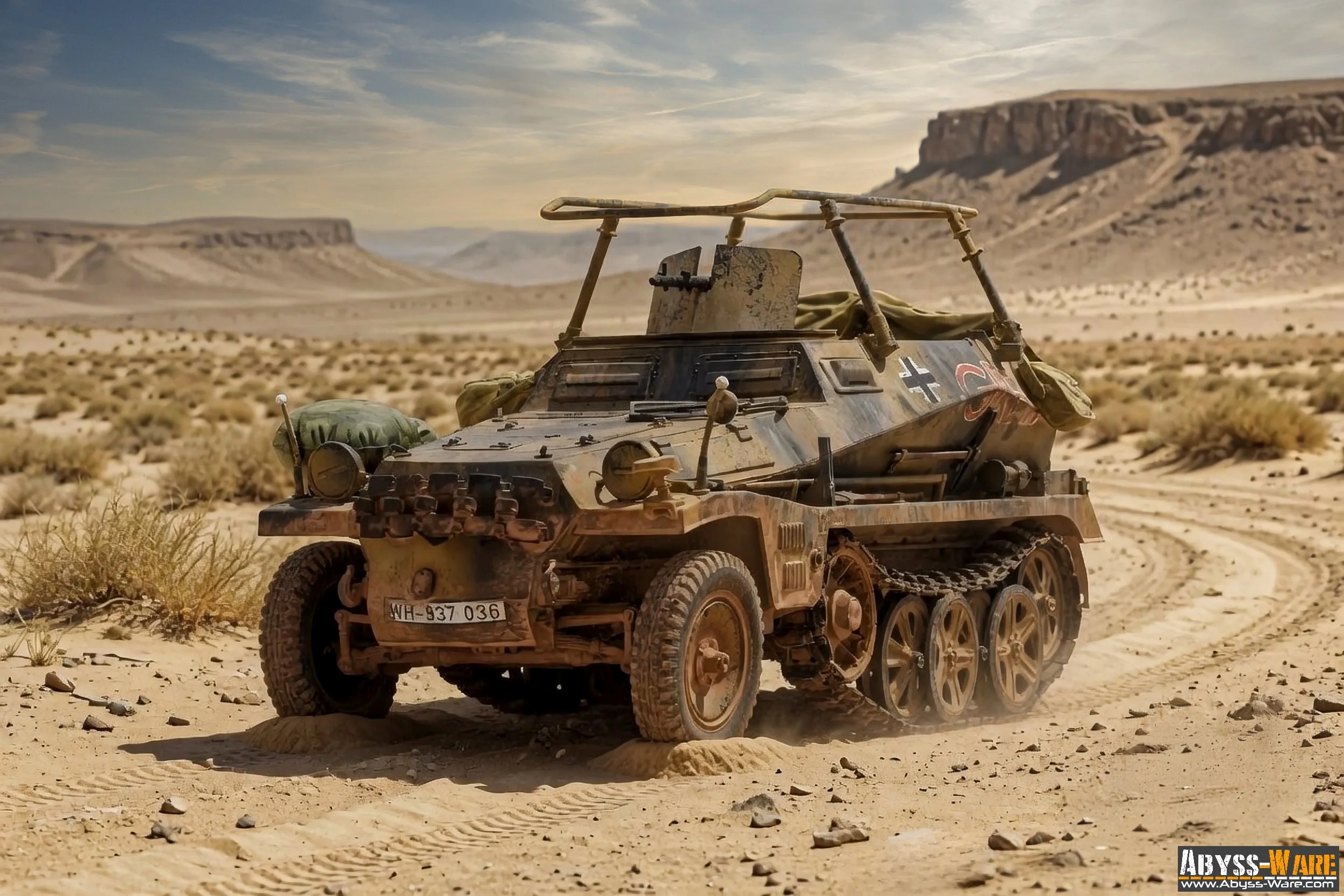 A weathered, abandoned military half-track vehicle in a desert landscape with mountains in the background and a partly cloudy sky.