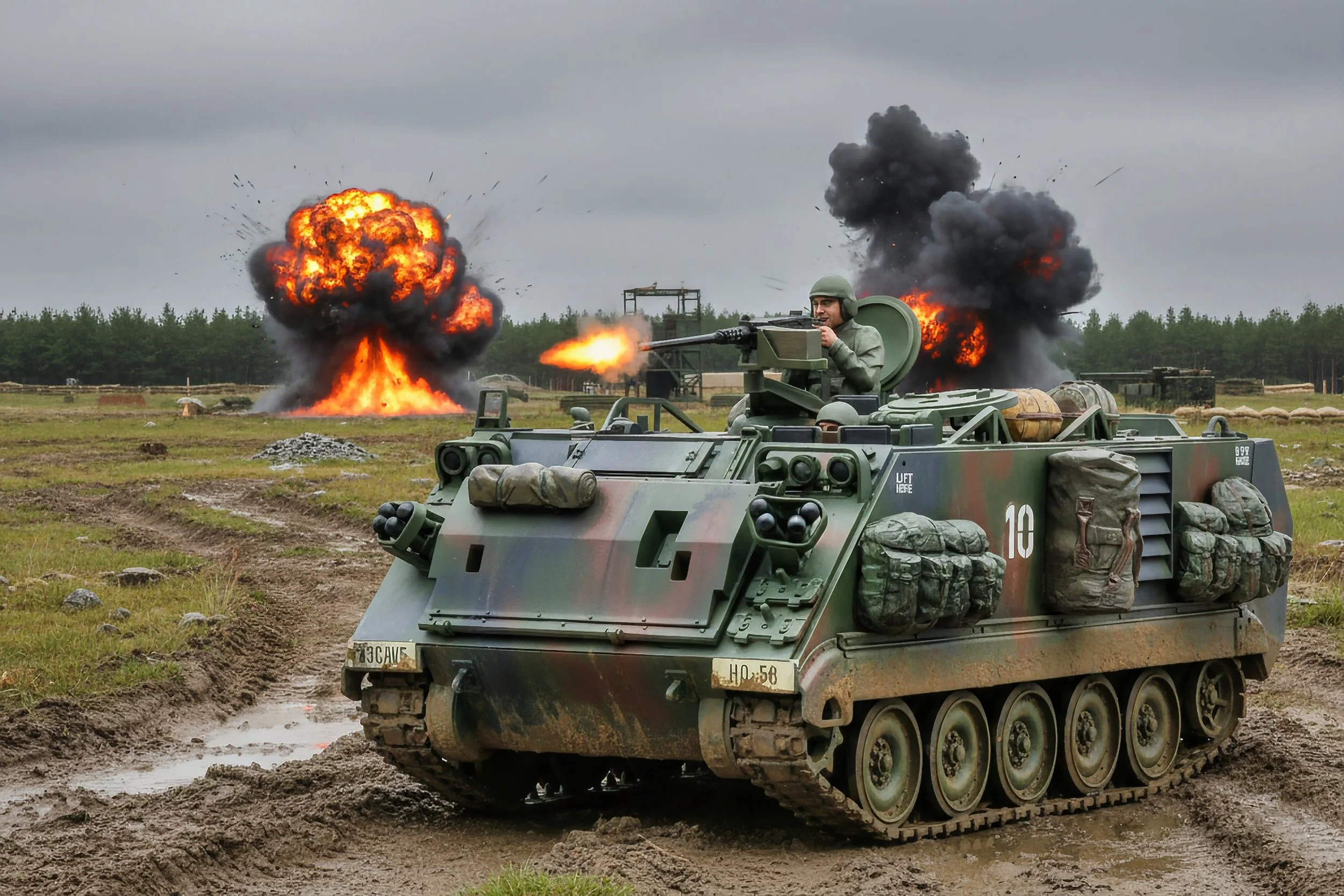 Military vehicle with soldiers firing weapons during explosions in the background on a muddy field.
