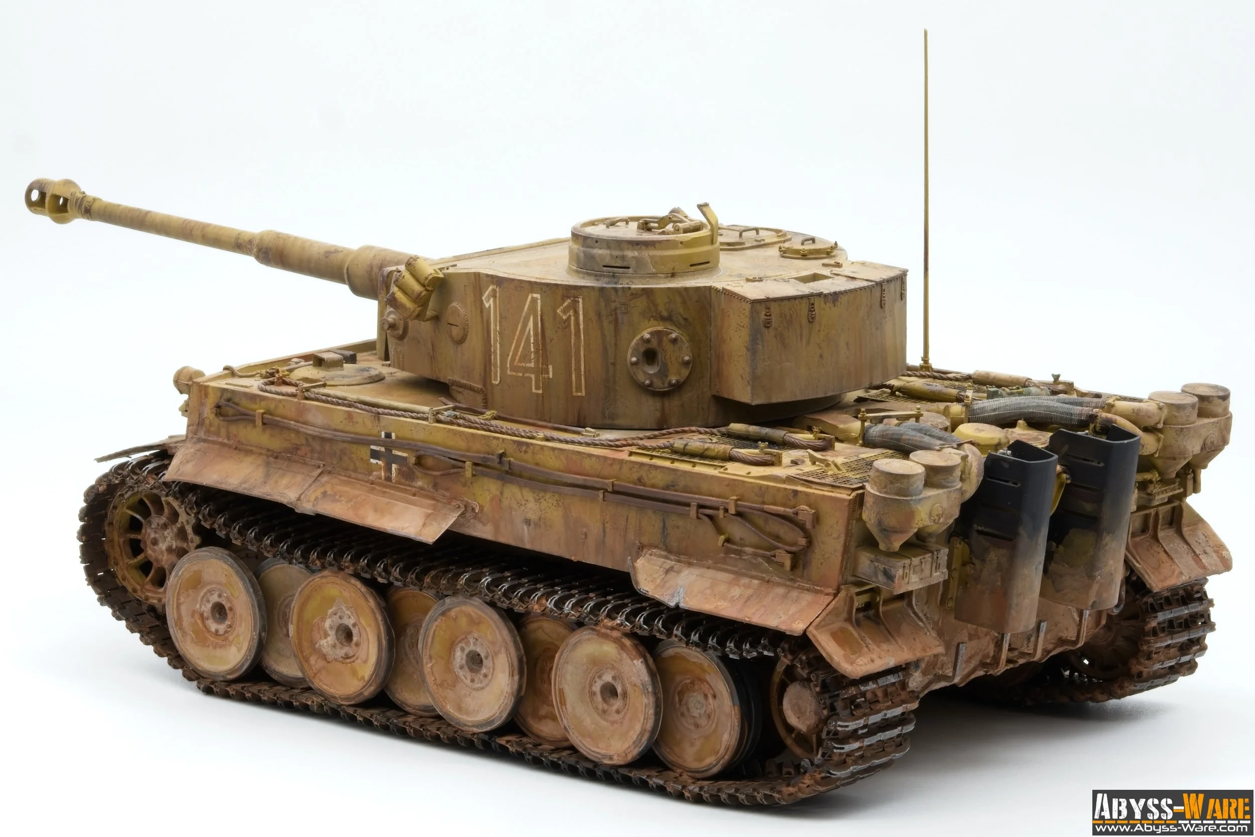 A detailed model of a weathered WWII German Panther tank with the number 141 on its turret, displayed against a white background.