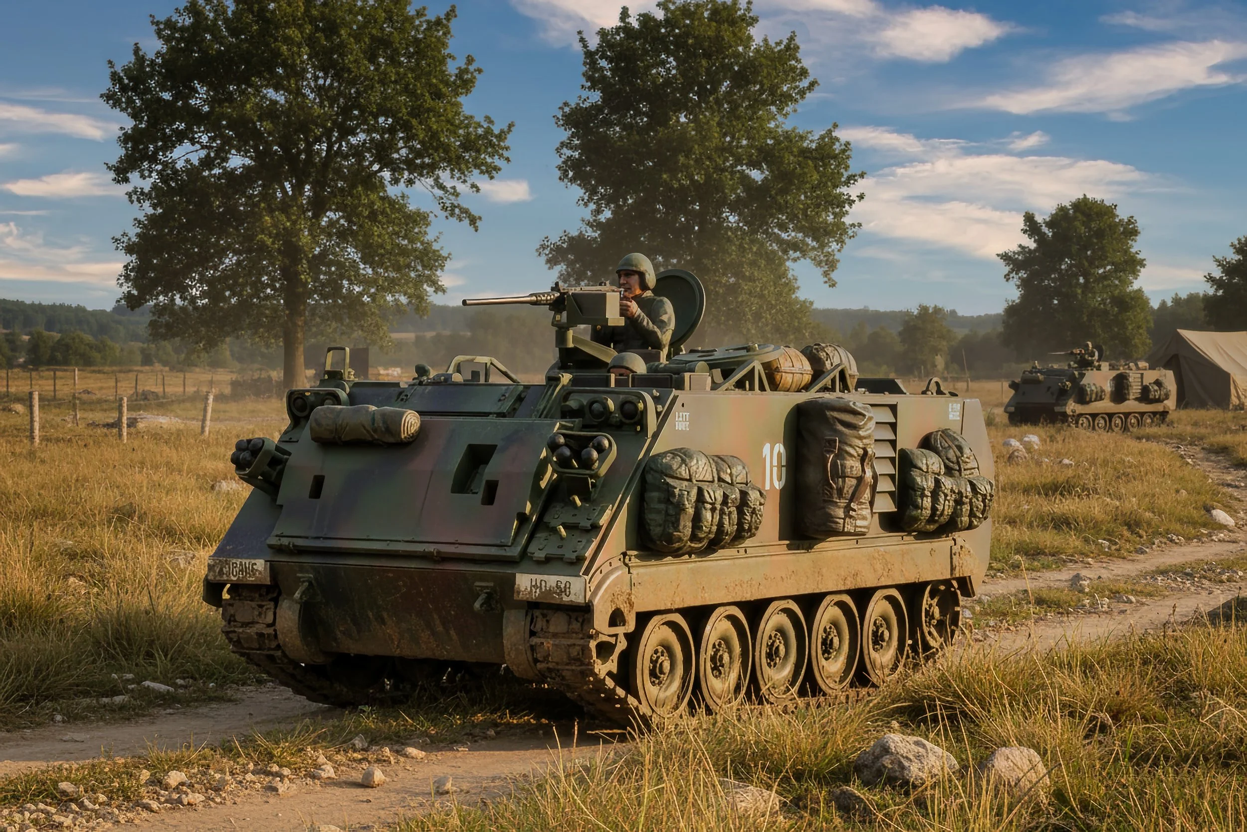 A military tank with a soldier operating a mounted gun, moving across a grassy field with trees in the background, and another tank visible in the distance.