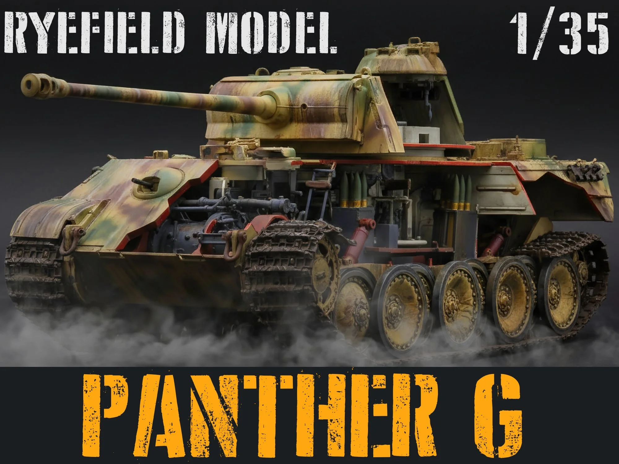A detailed scale model of a military tank with camouflage paint, set against a dark background. Text overlays include 'RYEHEAD MODEL,' '1/35,' and 'PANTHER G' in bold letters.