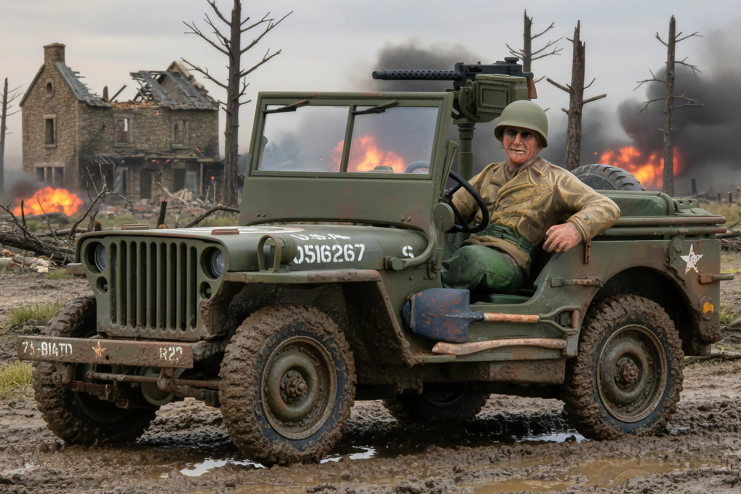 A soldier sitting in a muddy, wartime jeep with flames and destroyed buildings in the background.