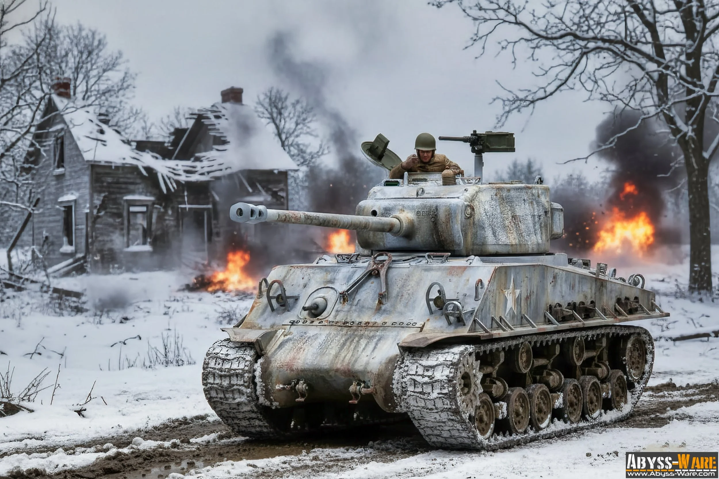 A soldier in a tank moving through a snowy battlefield with burning buildings and smoke in the background.