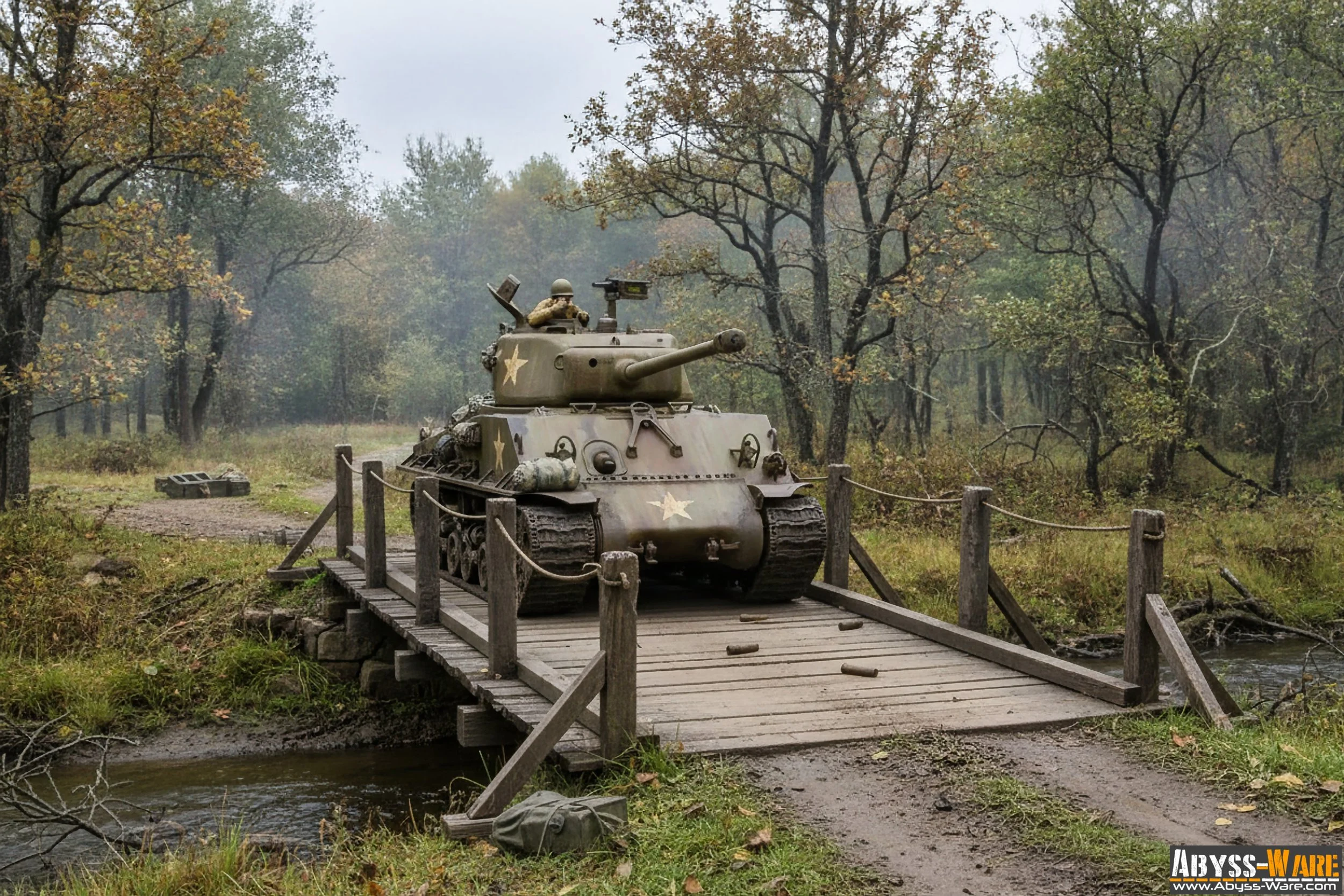 A vintage military tank with a star symbol on its side is positioned on a small wooden bridge over a creek in a wooded area.