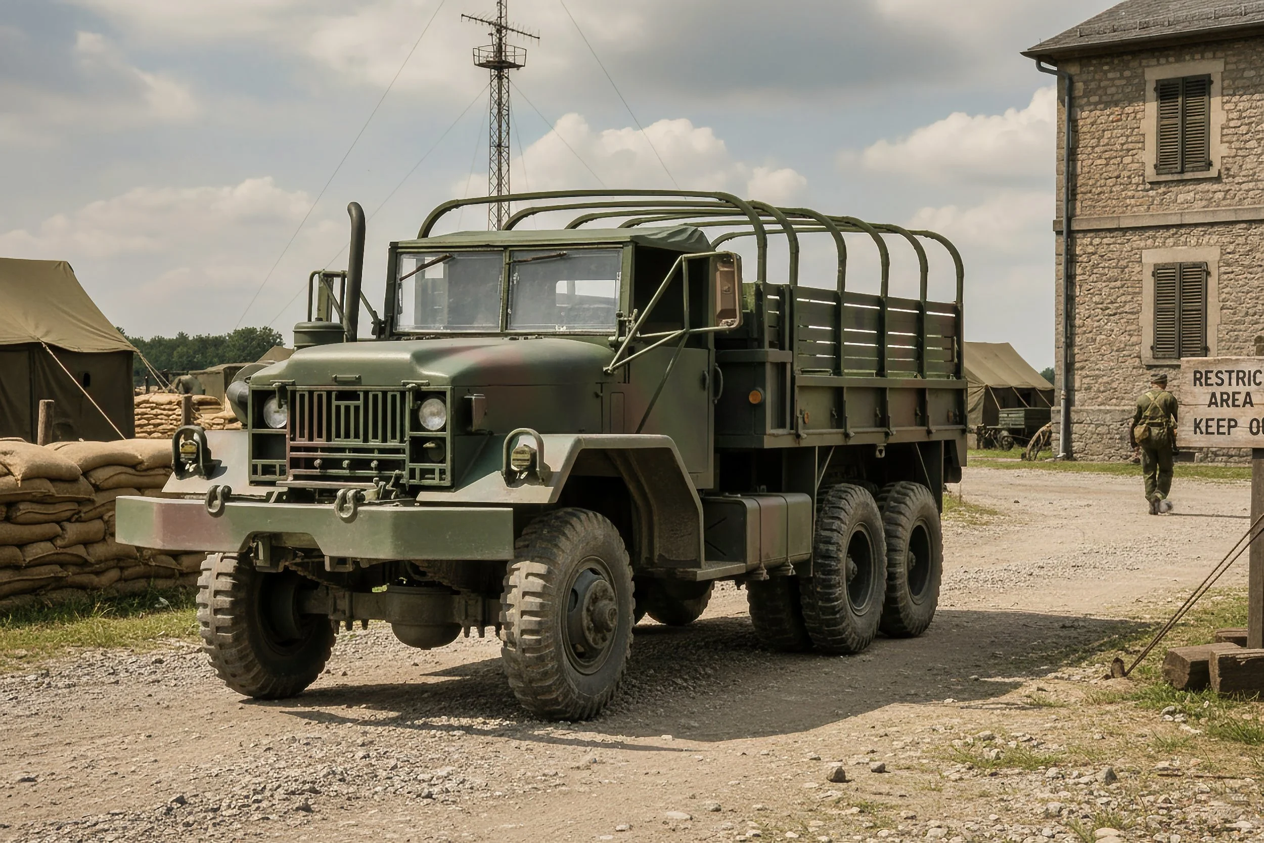 A military truck parked on a dirt road outside a stone building with a sign that says "Restricted Area Keep Out," and a soldier walking away from the truck.