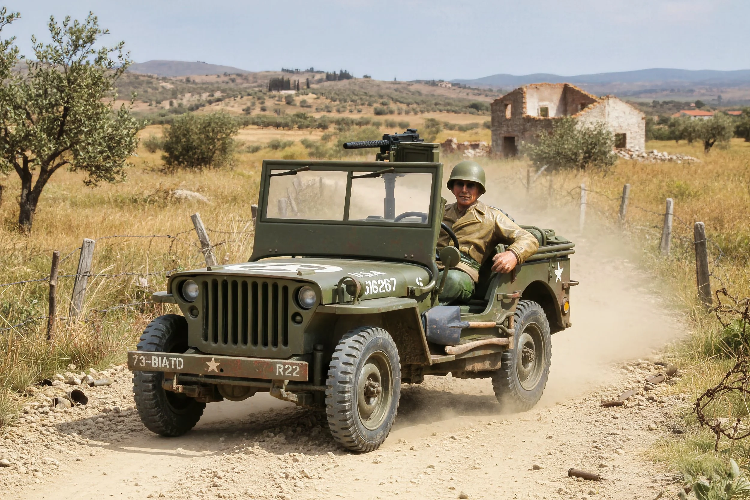 A soldier driving a vintage military Jeep on a dirt road through a rural landscape with dry grass, trees, and an old building in the background.