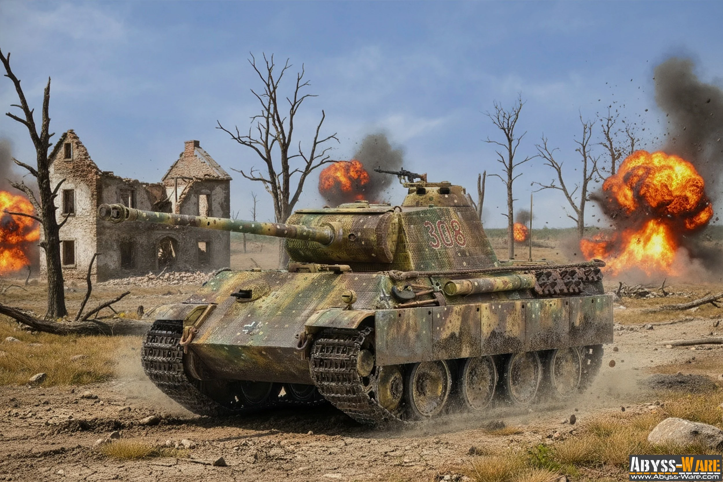 A military tank advancing through a war-torn landscape with explosions and smoke in the background, barren trees, and damaged buildings.