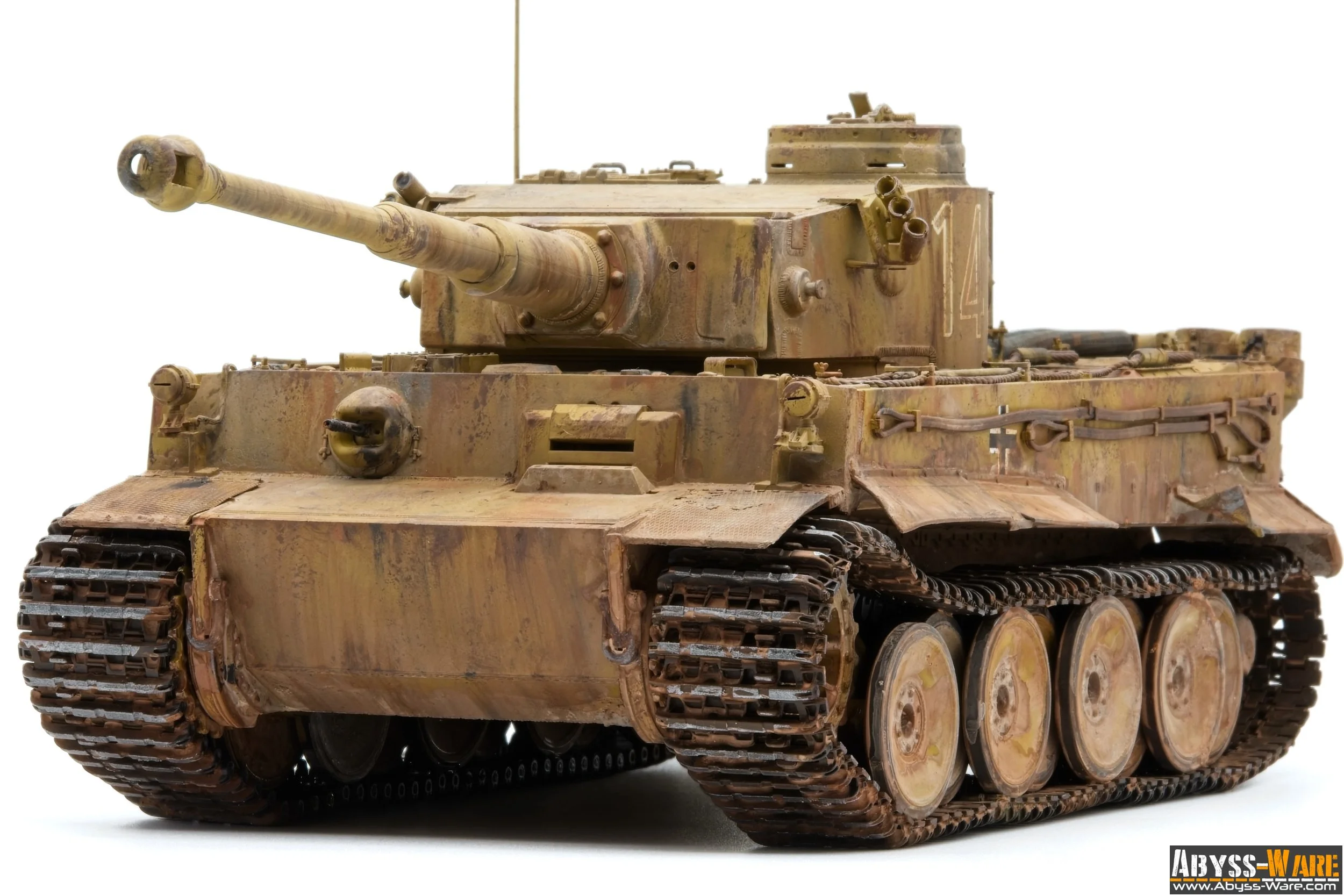 A detailed model of a military tank painted in desert camouflage colors, shown from the front-left side, with a white background.