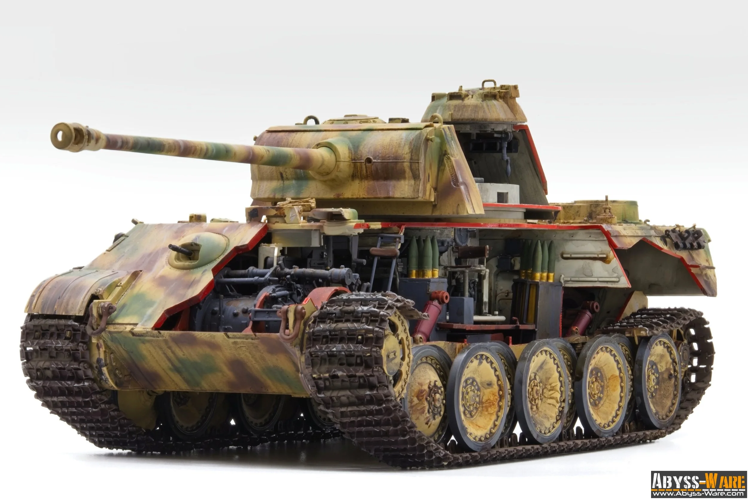 A detailed model of a military tank with camouflage paint, exposed mechanical parts, and tracks on a white background.
