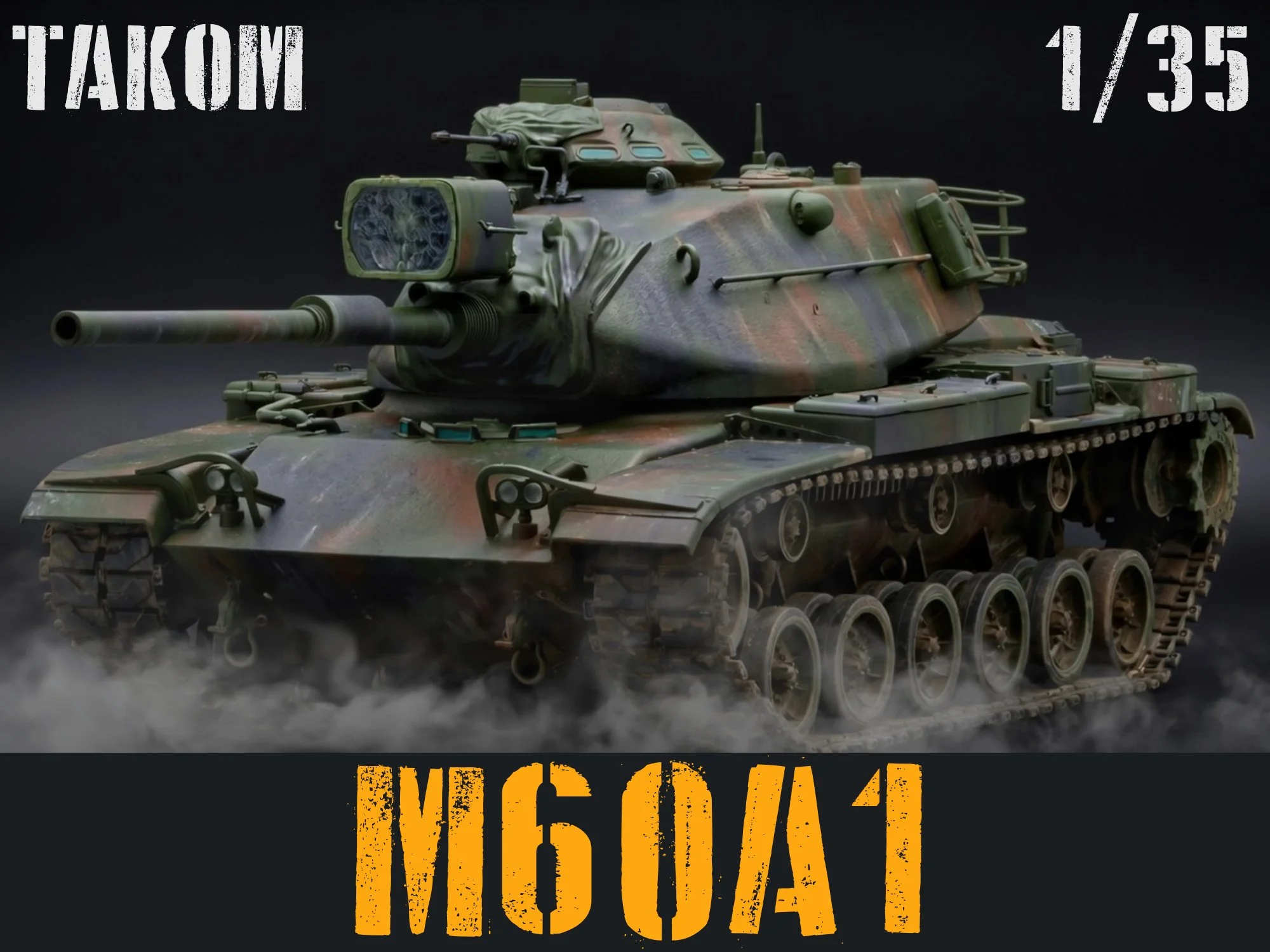 A military tank with camouflage paint, equipped with a large gun barrel, on a black background with text in Russian and English. The text includes 'TAKOM' at the top left, '1/35' at the top right, and 'M60A1' in large orange letters at the bottom.