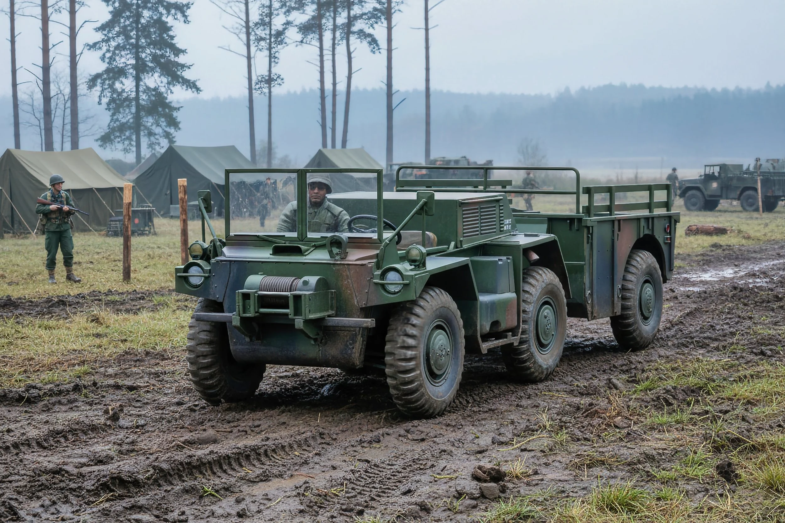 A military scene with a green armored vehicle on muddy ground, soldiers in camouflage in the background, some near tents and others toward distant vehicles, in a forested area.