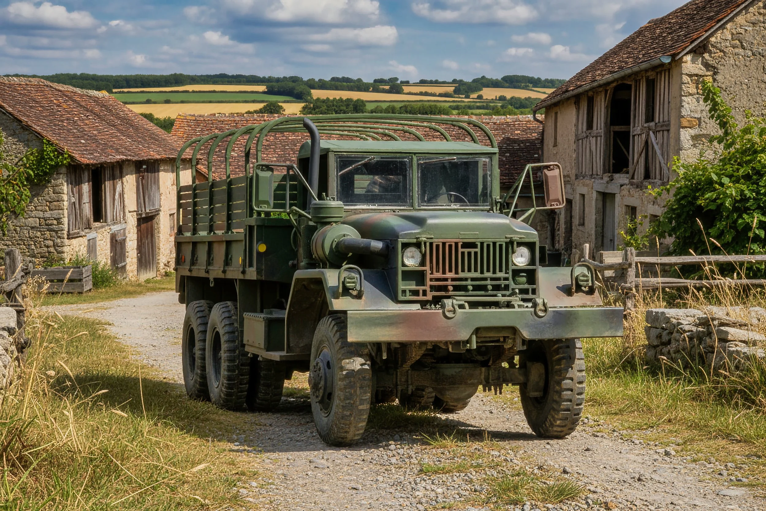 Military green truck parked on a dirt road in front of rustic barns with a rural landscape and blue sky in the background.
