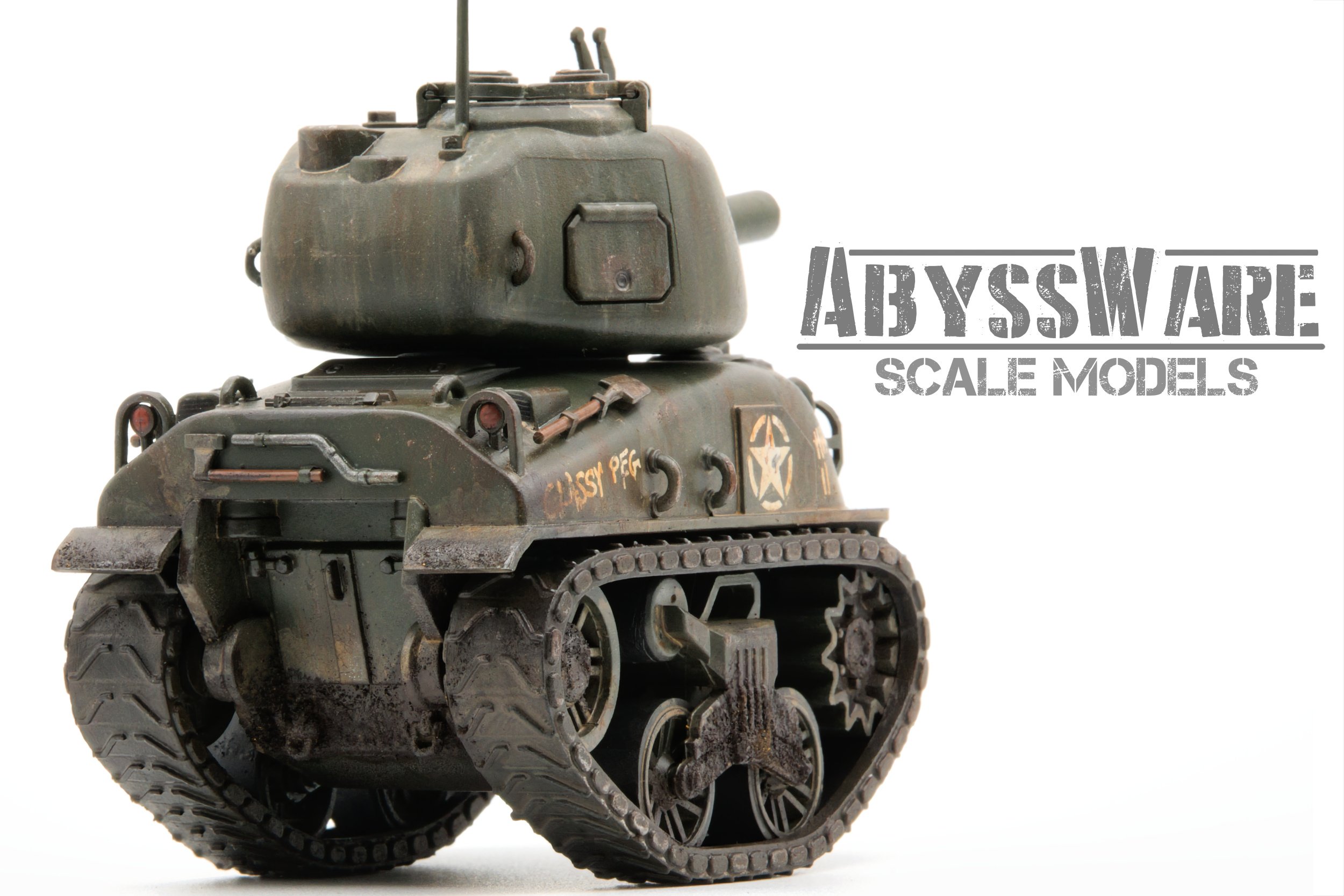 A detailed scale model of a vintage SHERMAN toon tank with a weathered appearance, positioned against a plain white background, with the text 'Abyssware Scale Models' to the right.