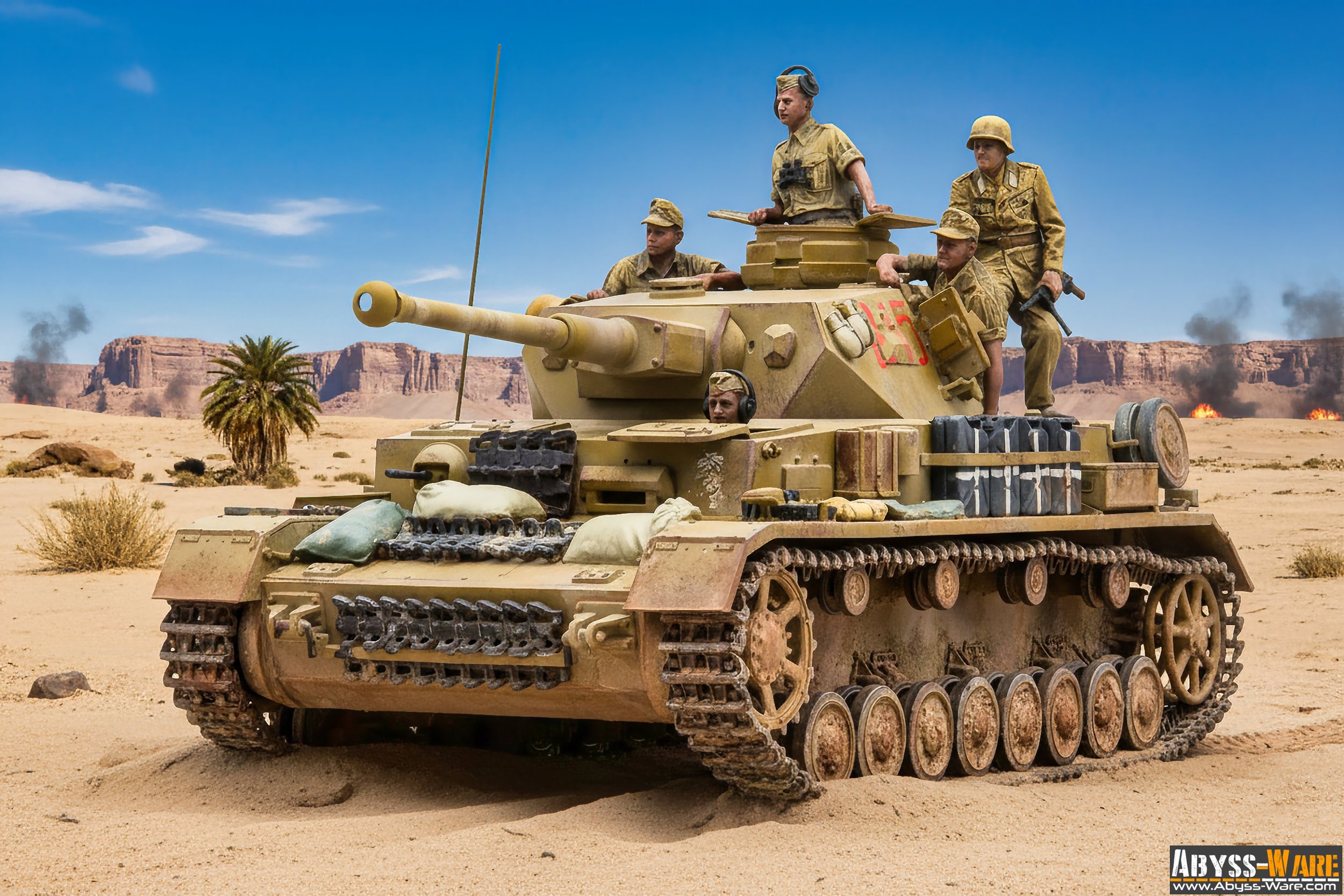 A military tank with five soldiers in desert terrain, with mountains and palm trees in the background.