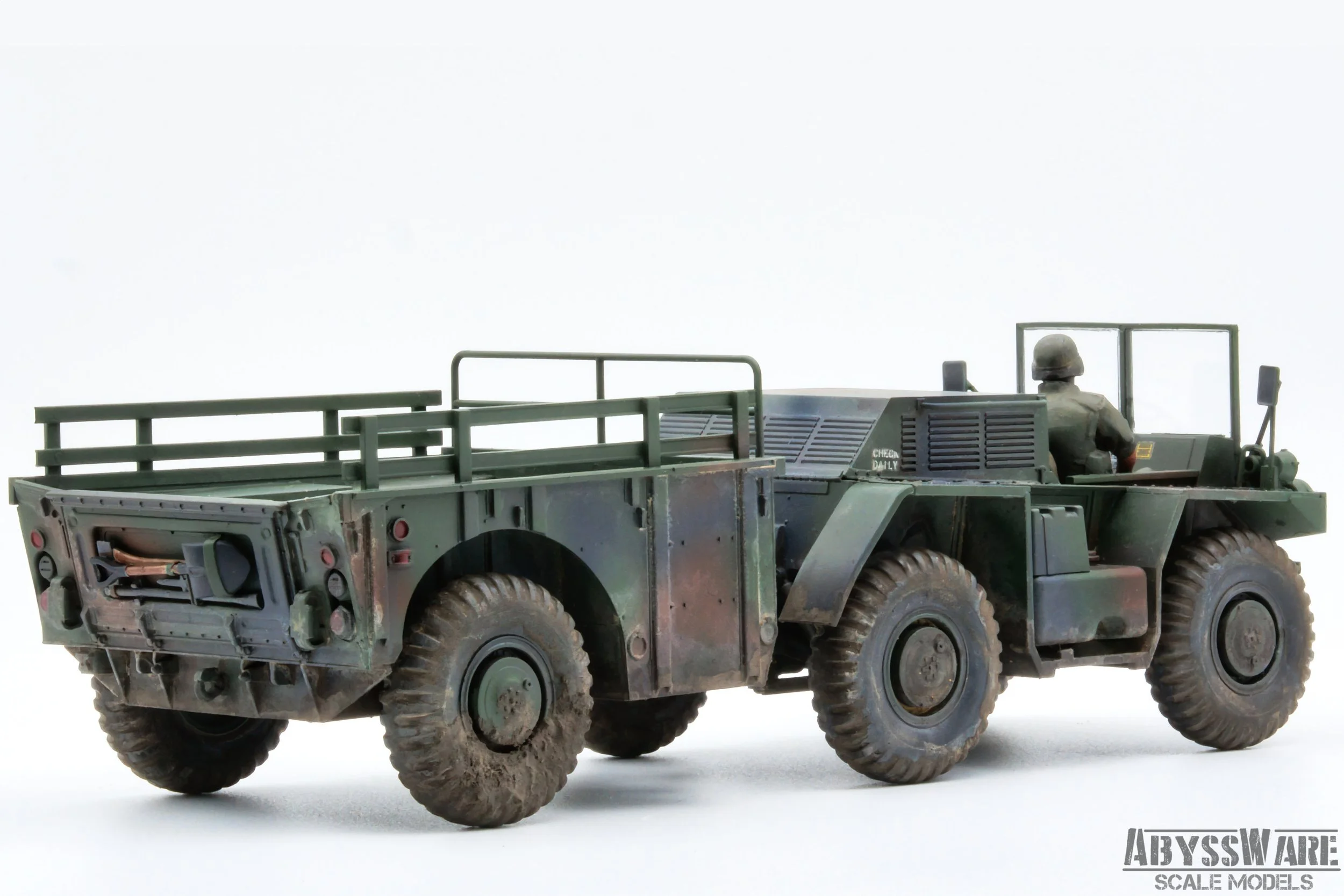 Model of a military cargo truck with a driver figure, painted in green camouflage, against a white background.