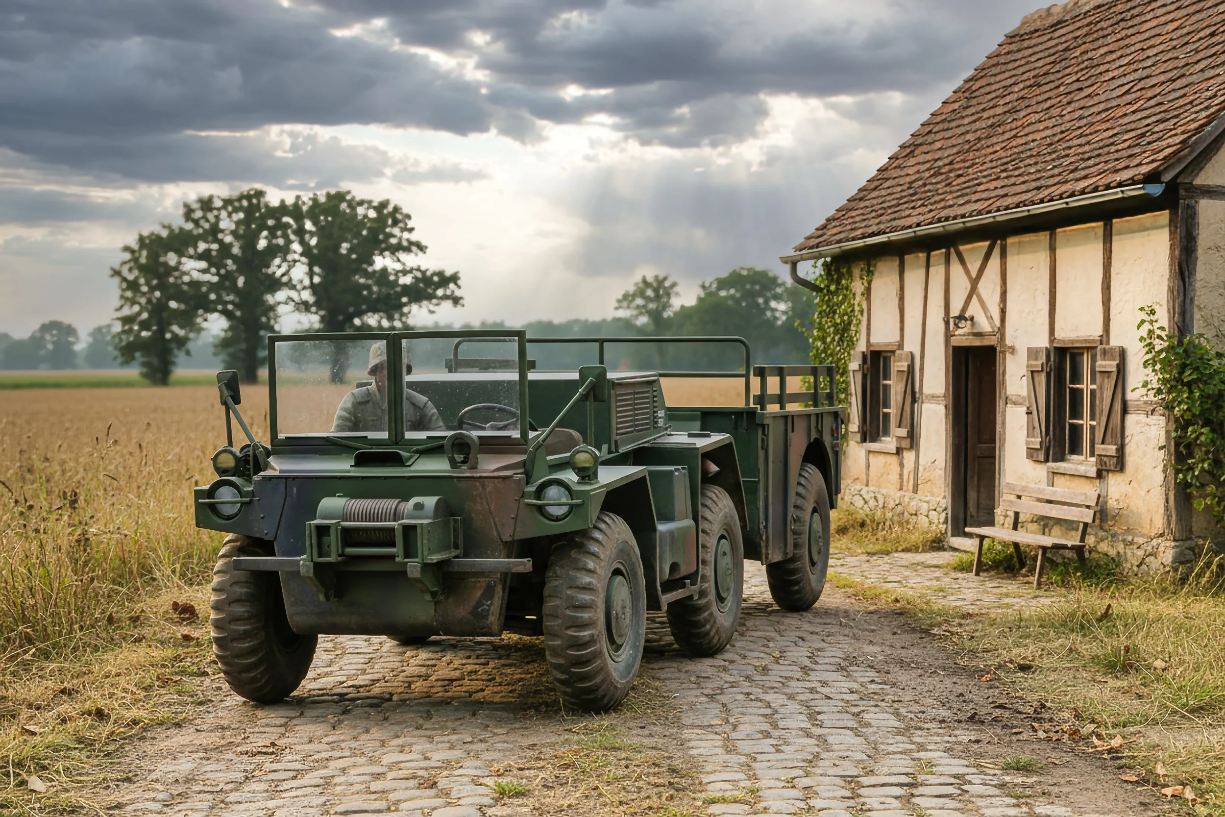 A vintage military truck parked on a cobblestone road next to a rustic house with open shutters on a rural farm.