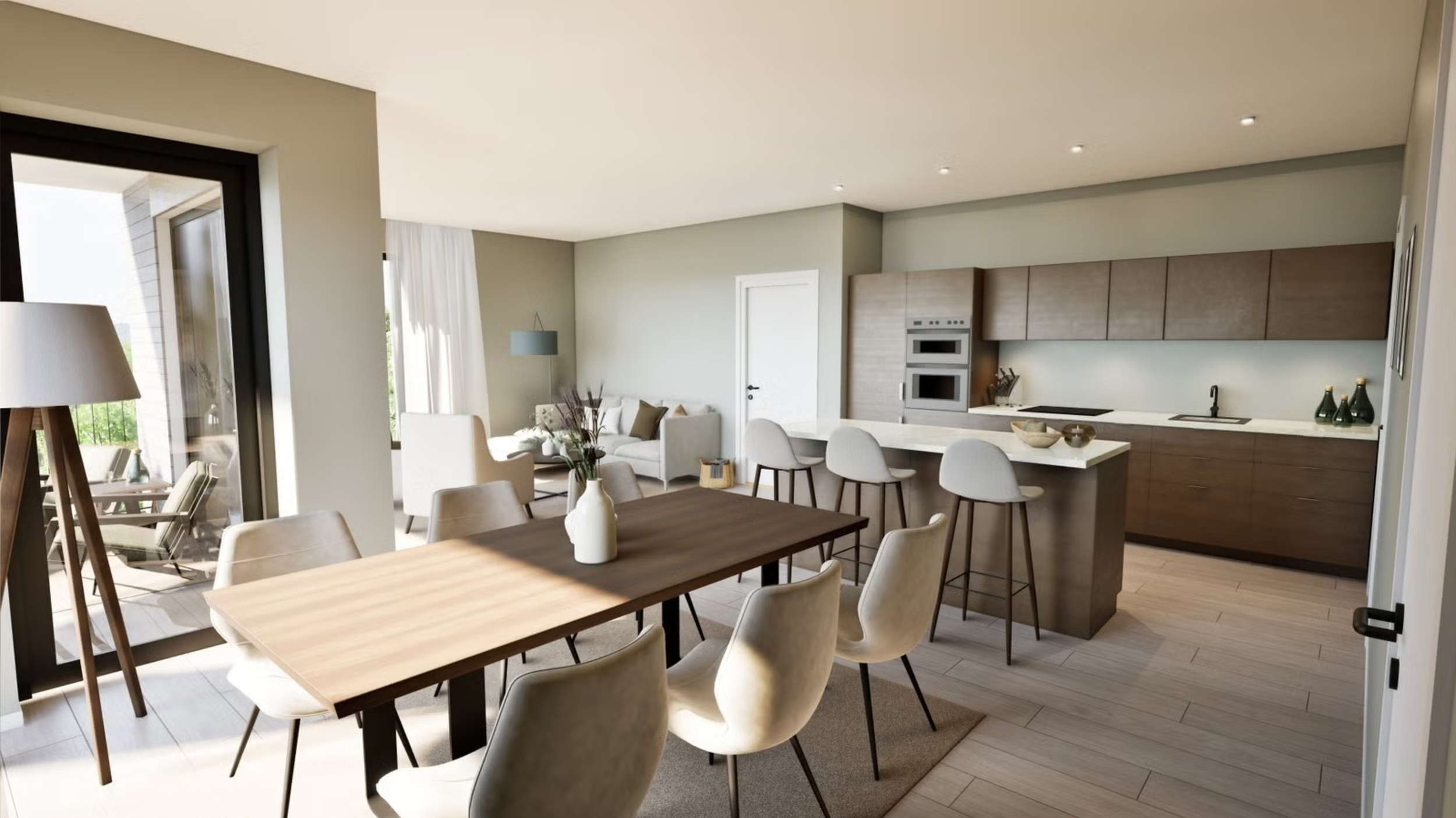 Modern open-concept living room and kitchen with dining area, light-colored furniture, and large windows.