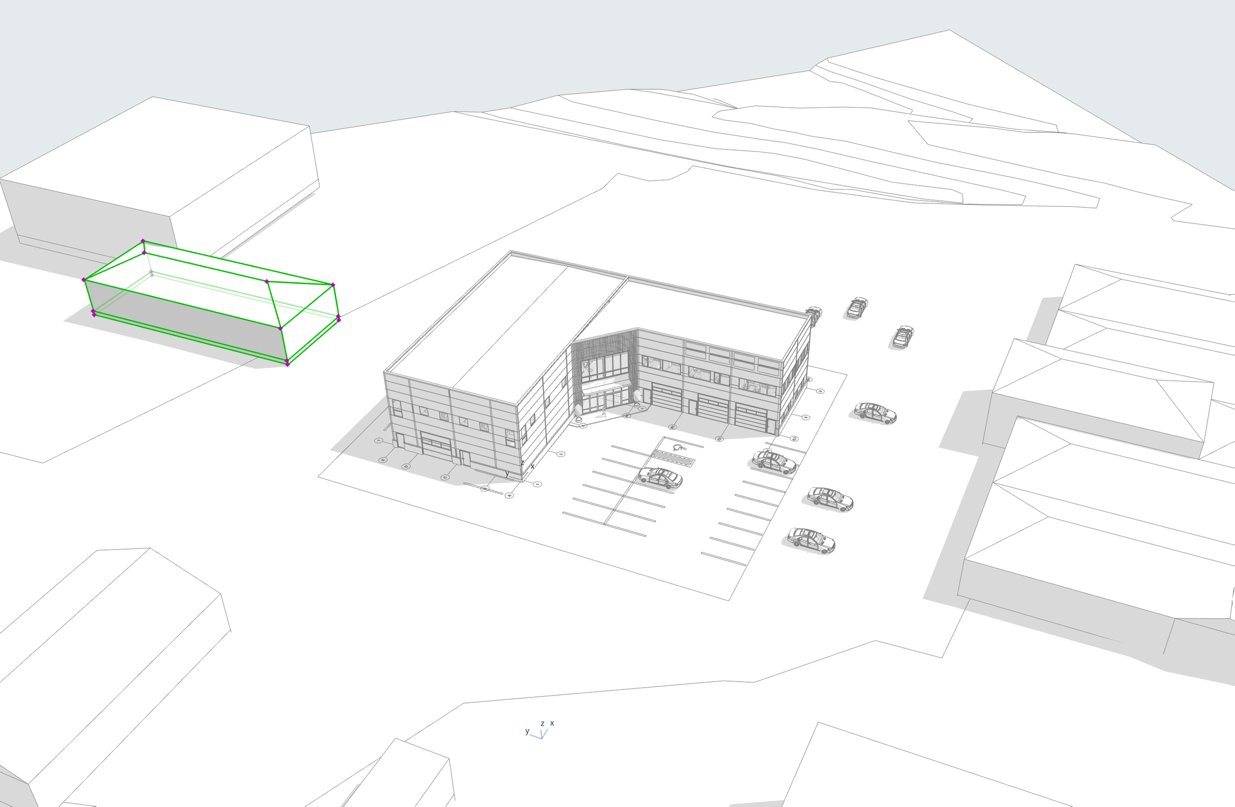 A 3D architectural drawing of a building, parking lot with cars, and surrounding wooded or hilly area with trees and pathways.