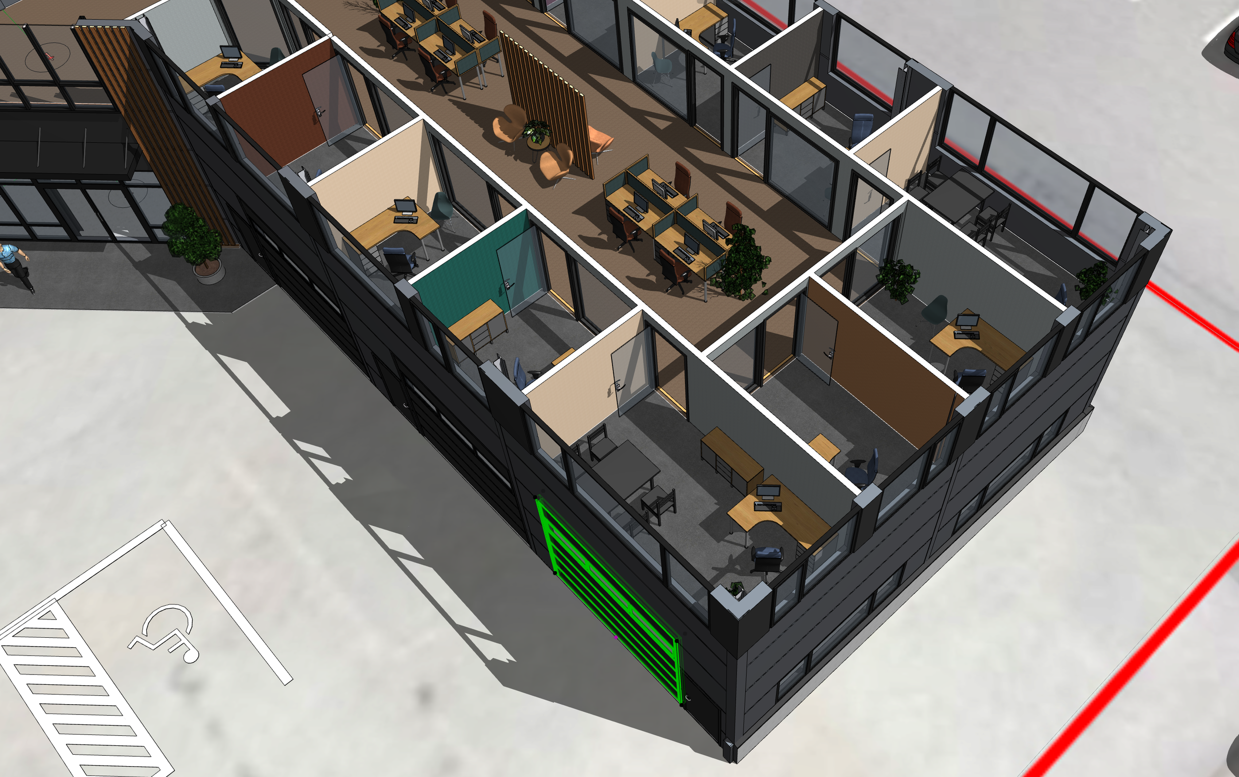 A 3D model of an office building with multiple rooms, including workspaces with desks and computers, a lounge area with chairs and plants, and exterior glass walls, located in a parking lot.
