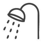 Simple line drawing of a shower head with water spray
