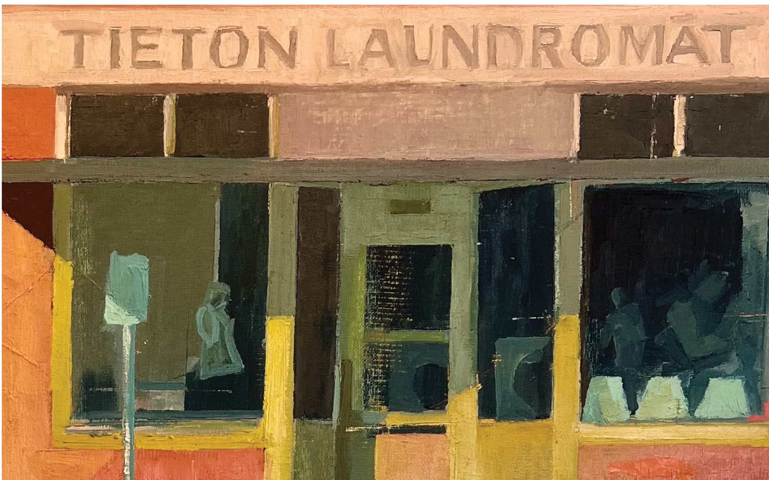 Painting of a laundromat with large windows, two people sitting inside, a person walking outside, and the sign 'Titon Laundromat' above.