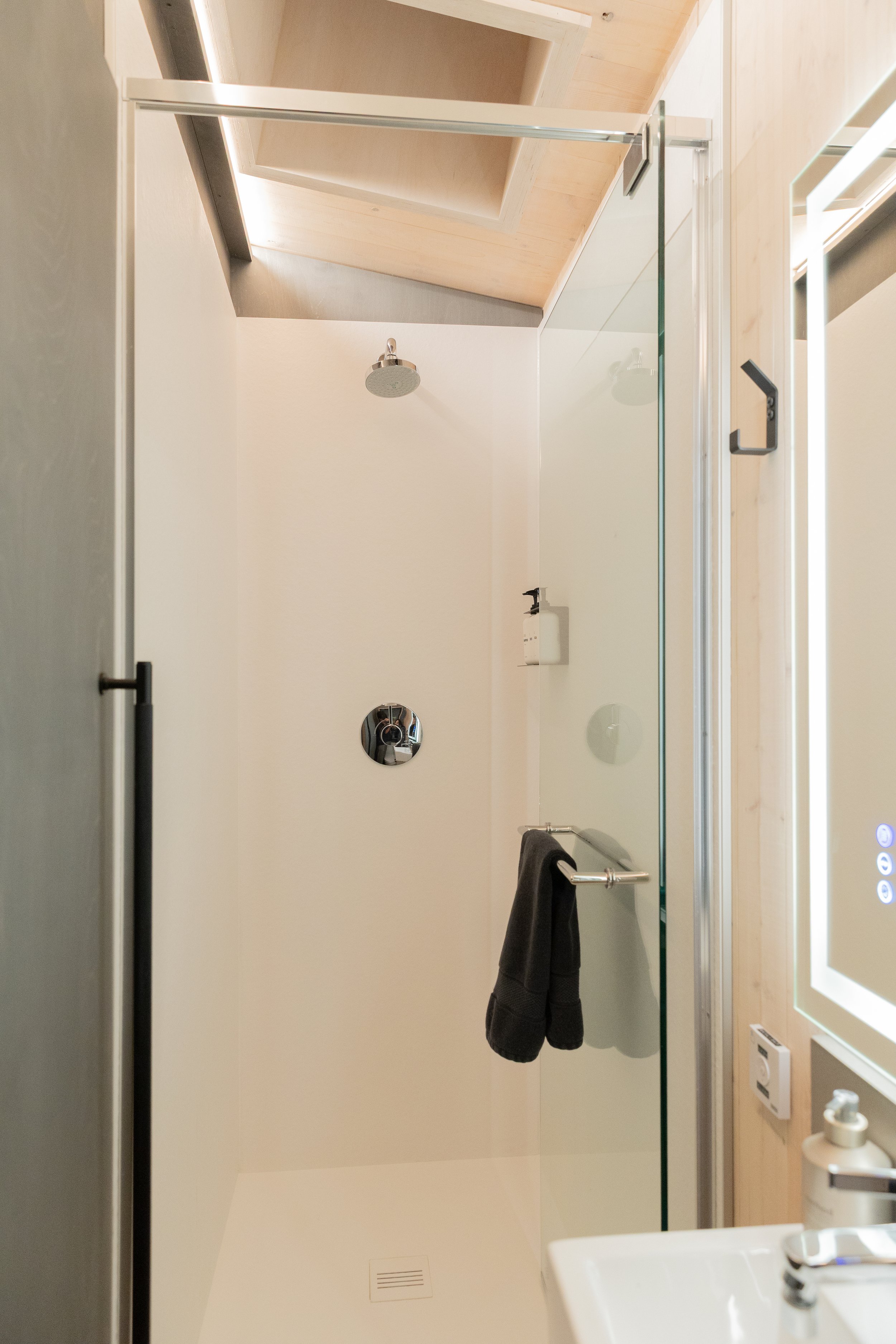 A modern, minimalist shower area with a glass door, wooden ceiling, and wall-mounted shower head, adjacent to a small sink with a soap dispenser.