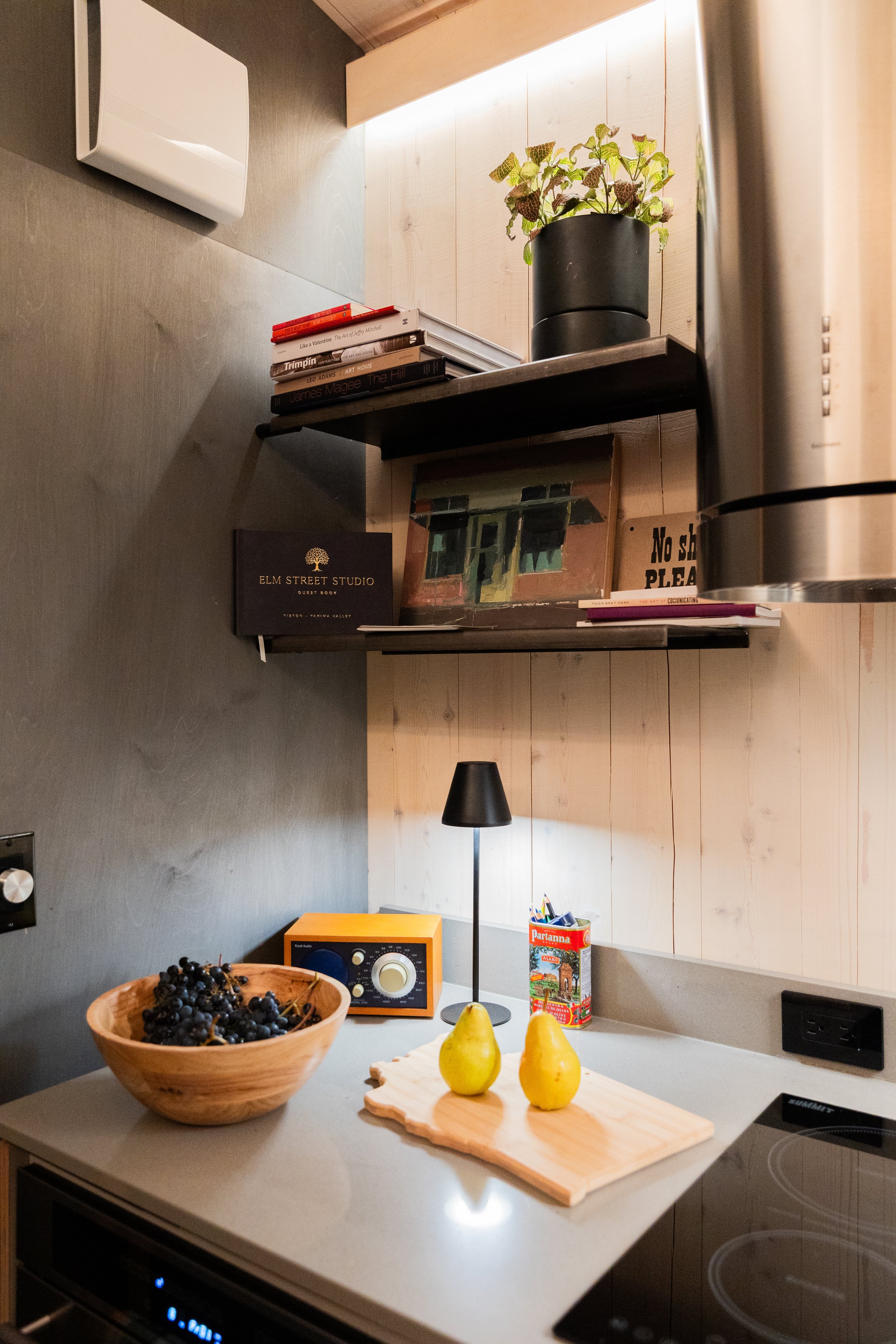 Kitchen countertop with a bowl of grapes, two pears on a cutting board, a small black desk lamp, a radio, and a juice box; shelves above with books, plants, and artwork; wall-mounted air conditioner and electrical outlets.