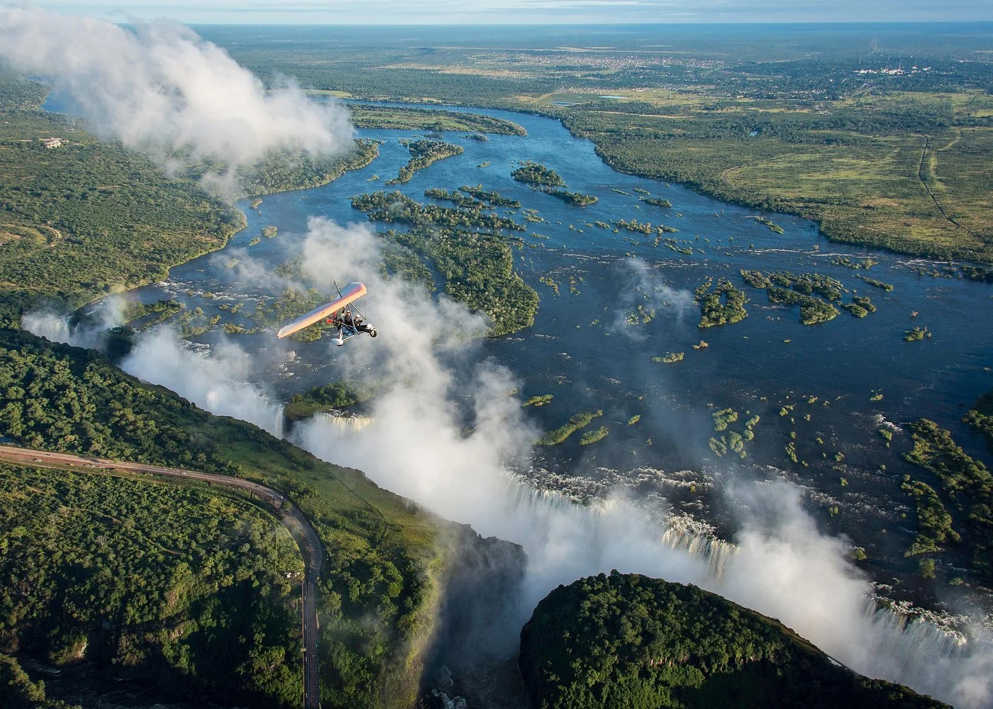 Aerial view of Victoria Falls and the Zambezi River, spanning Zambia and Zimbabwe.