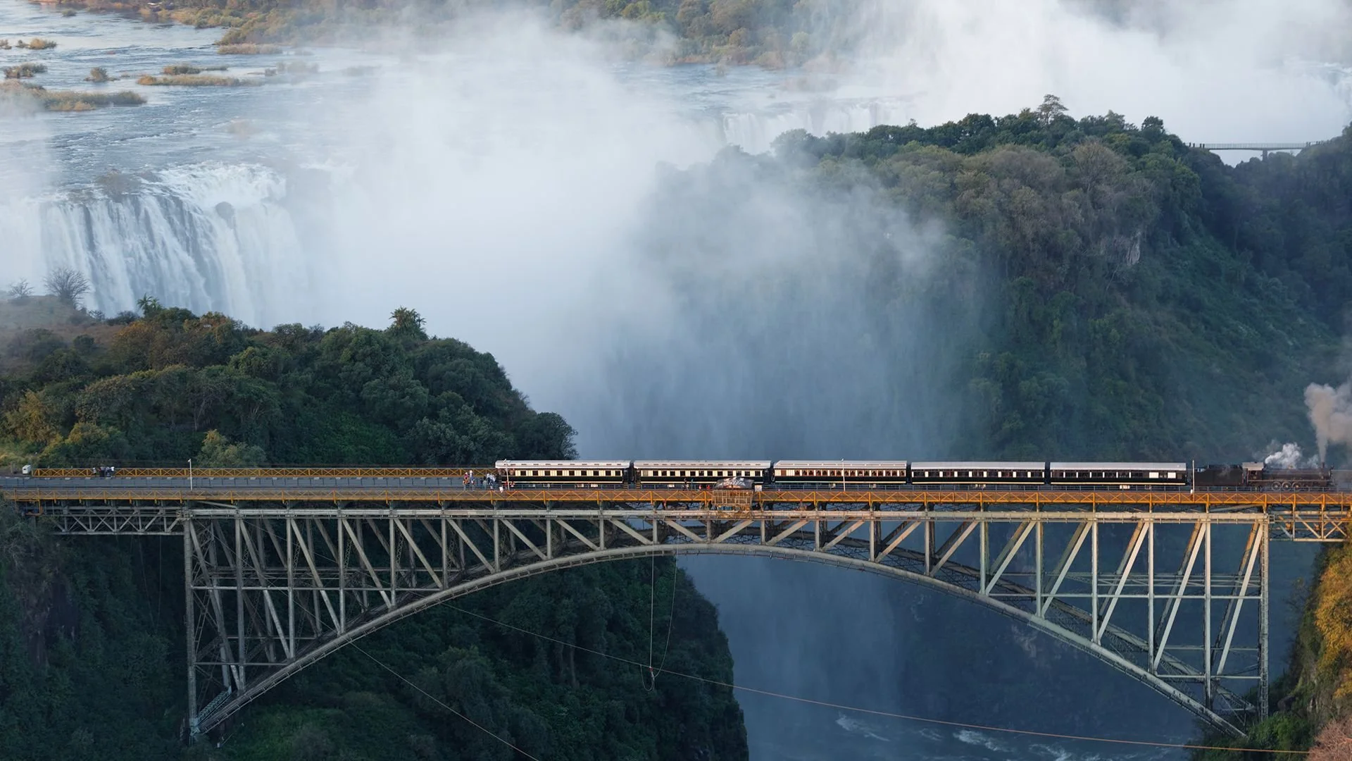 Rovos Rail train on Victoria Falls Bridge