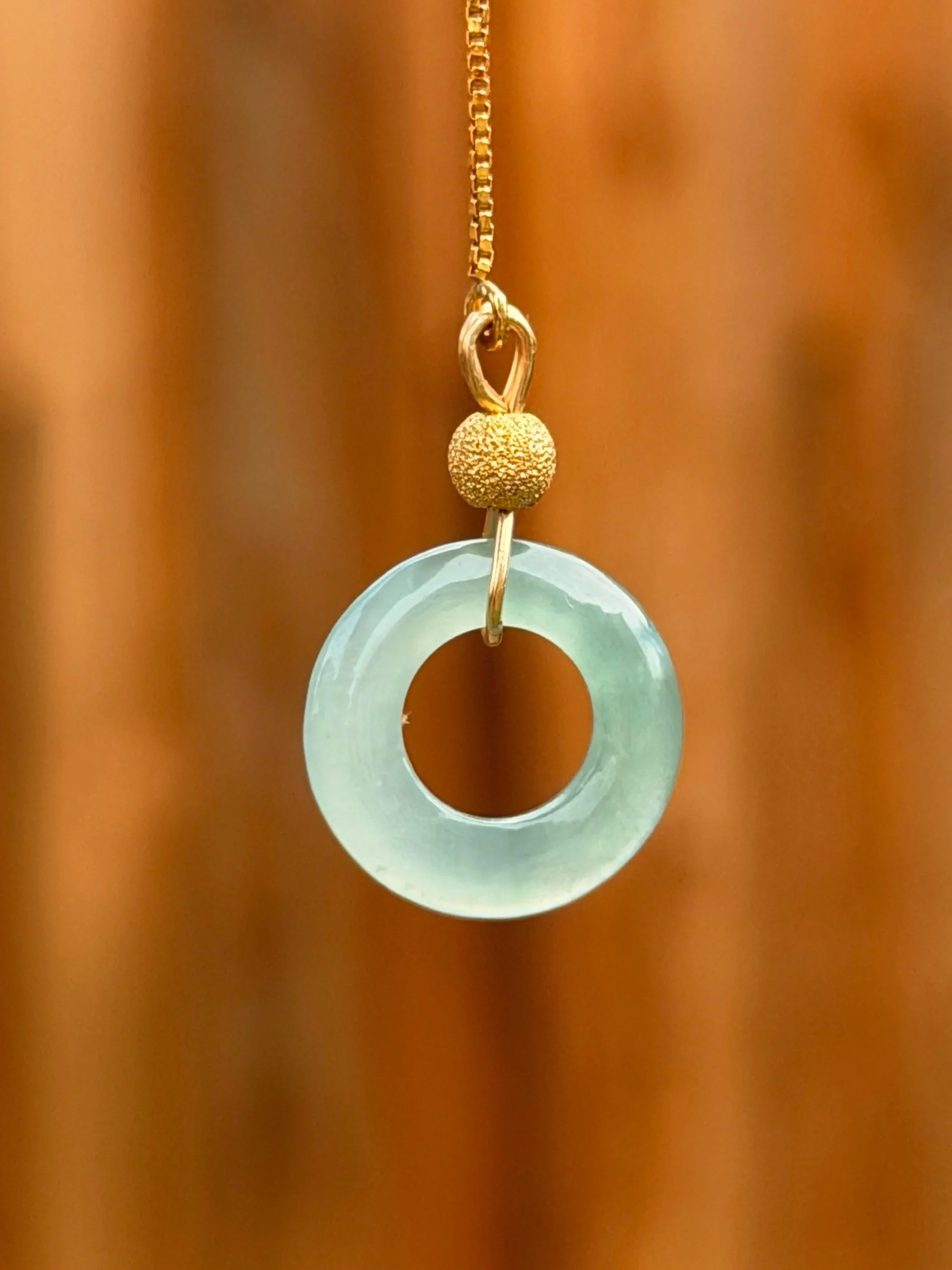 Type A Princesa Blue Jadeite PI Disc earrings, 14.5mm oceanic teal translucent jade Bi discs on 14K gold filled threader chains, handcrafted Californian luxury jewelry symbolizing peace and protection.
