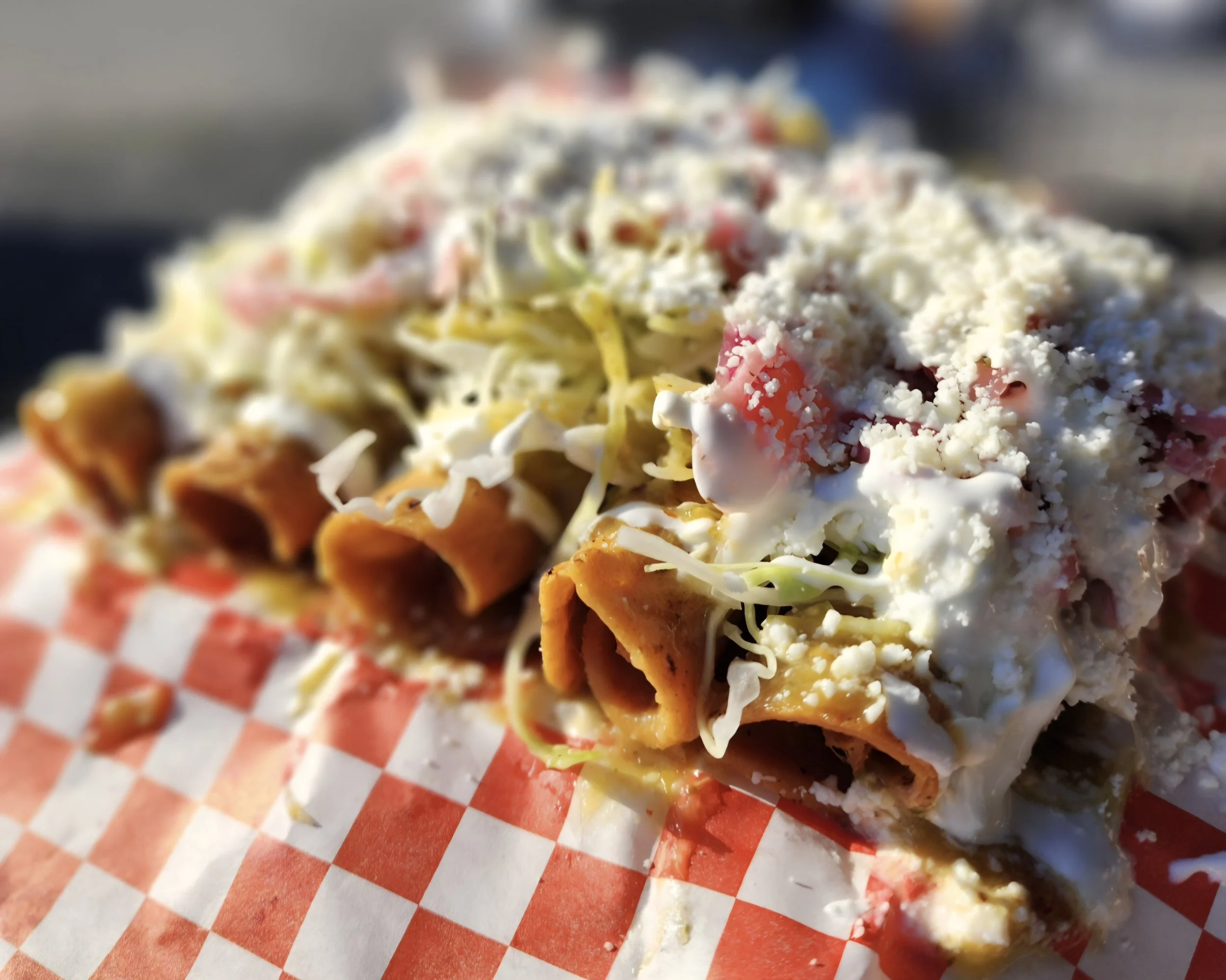 Close-up of our signature chicken taquitos loaded with shredded cabbage, salsa verde, pickled red onions (in lime juice), crema and cotija cheese.