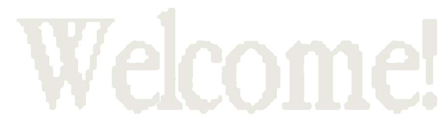 A decorative welcome sign with large, pixelated letters spelling 'Welcome!'