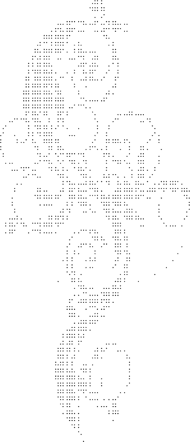 A vertical line drawing of a woman with an elegant hairstyle, wearing a dress, created with white dots on a black background.