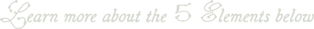 Text that reads 'Learn more about the 5 Elements below' in white cursive font on a black background.