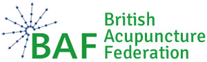 Logo of the British Acupuncture Federation, featuring a blue abstract design and green text.
