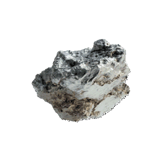 A close-up of a gray and white rock on a light background.